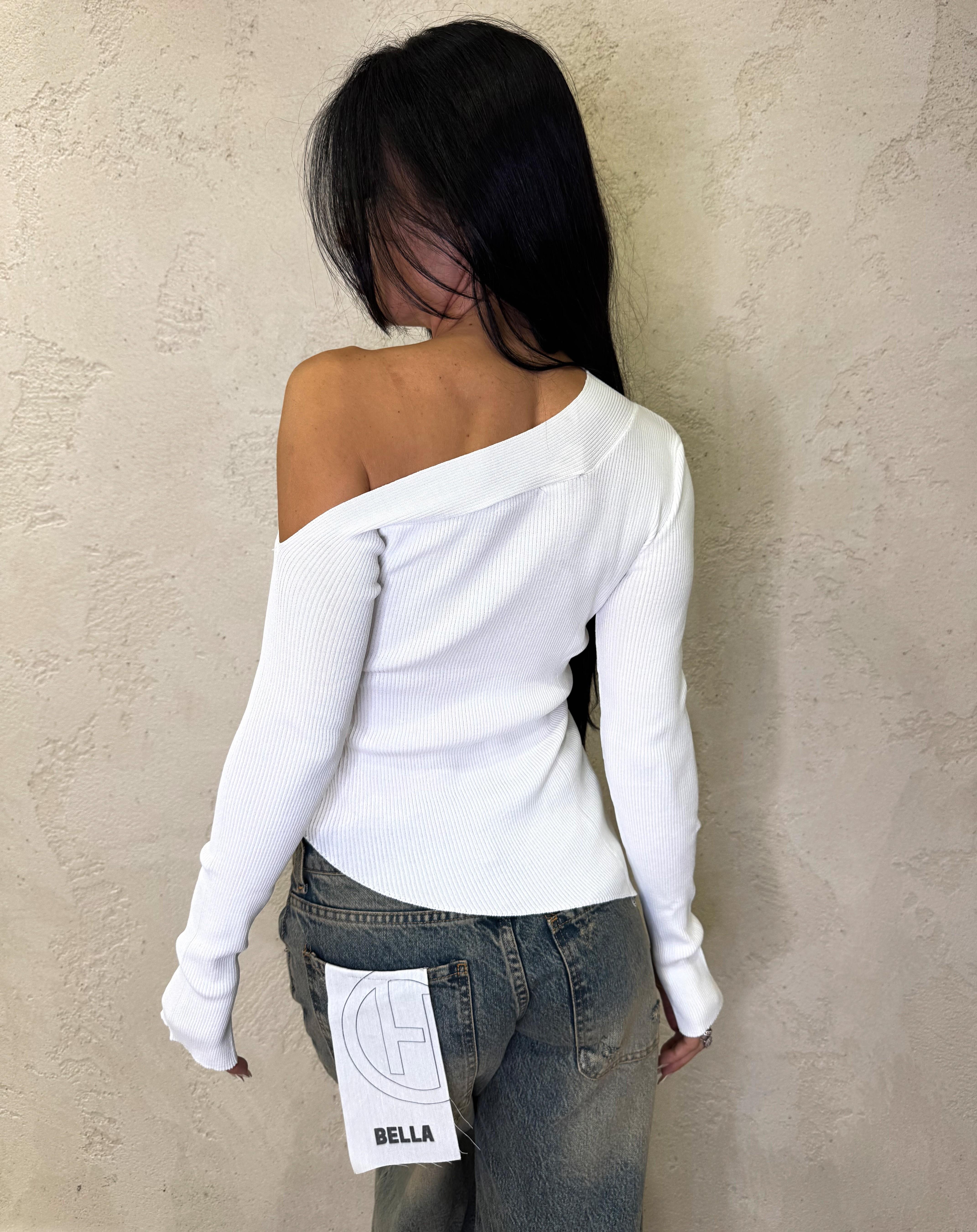 maglia a costine monospalla asimmetrica 44035F BIANCO VICOLO 