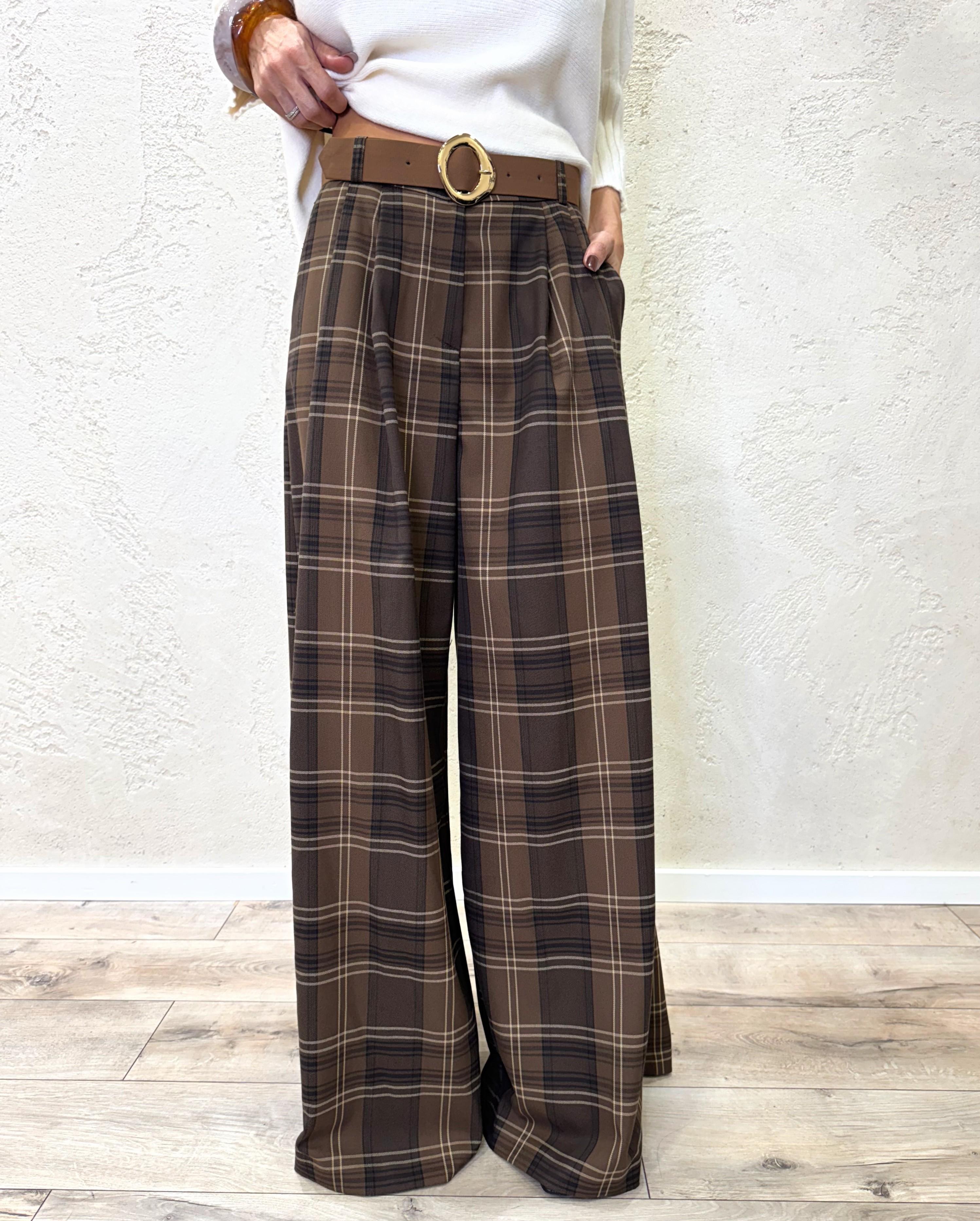 pantalone ampio in check con pinces P7B7KROC MARRONE IMPERIAL 