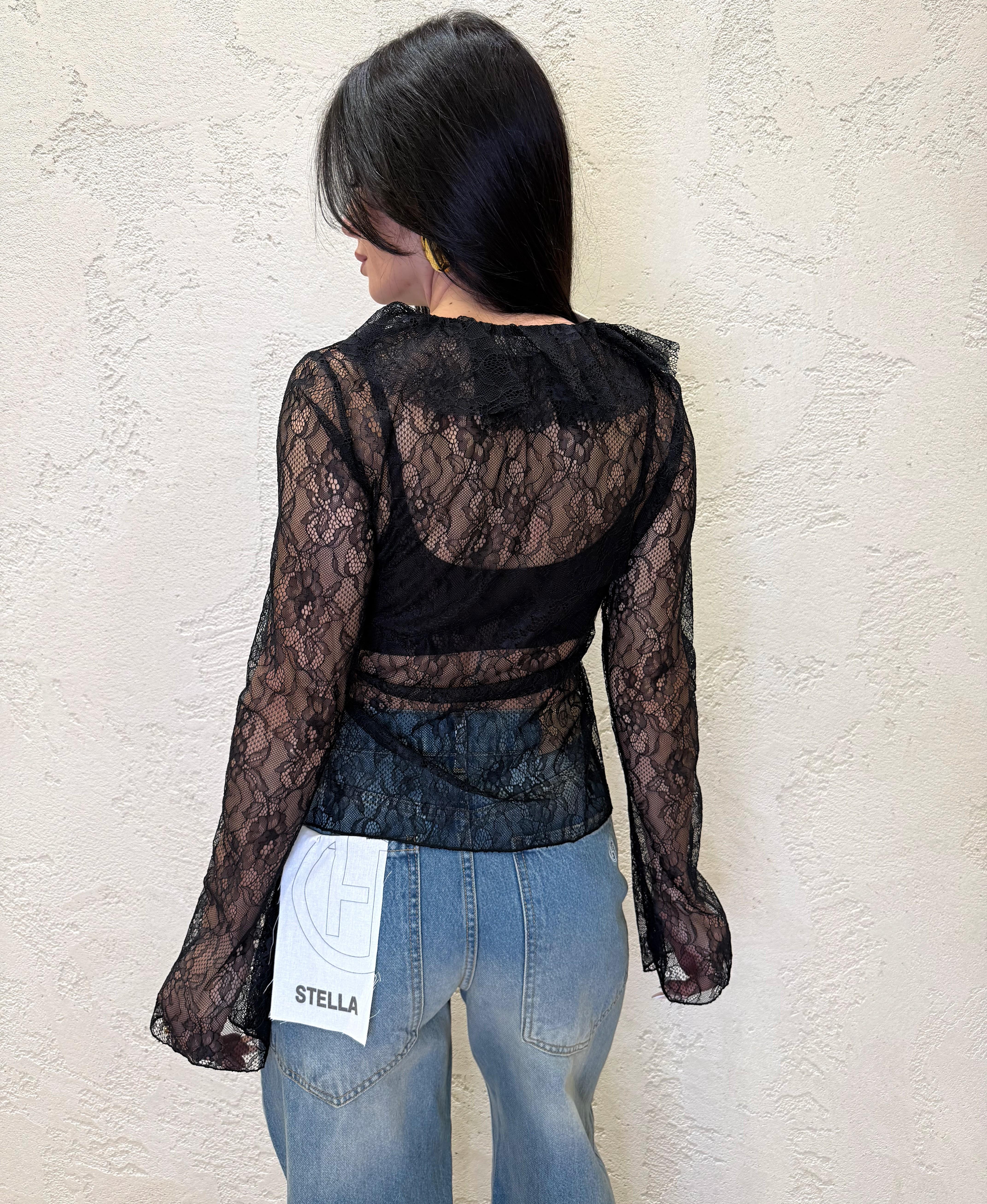 blusa in pizzo con rouges e lacci frontali TAB1521 NERO VICOLO 