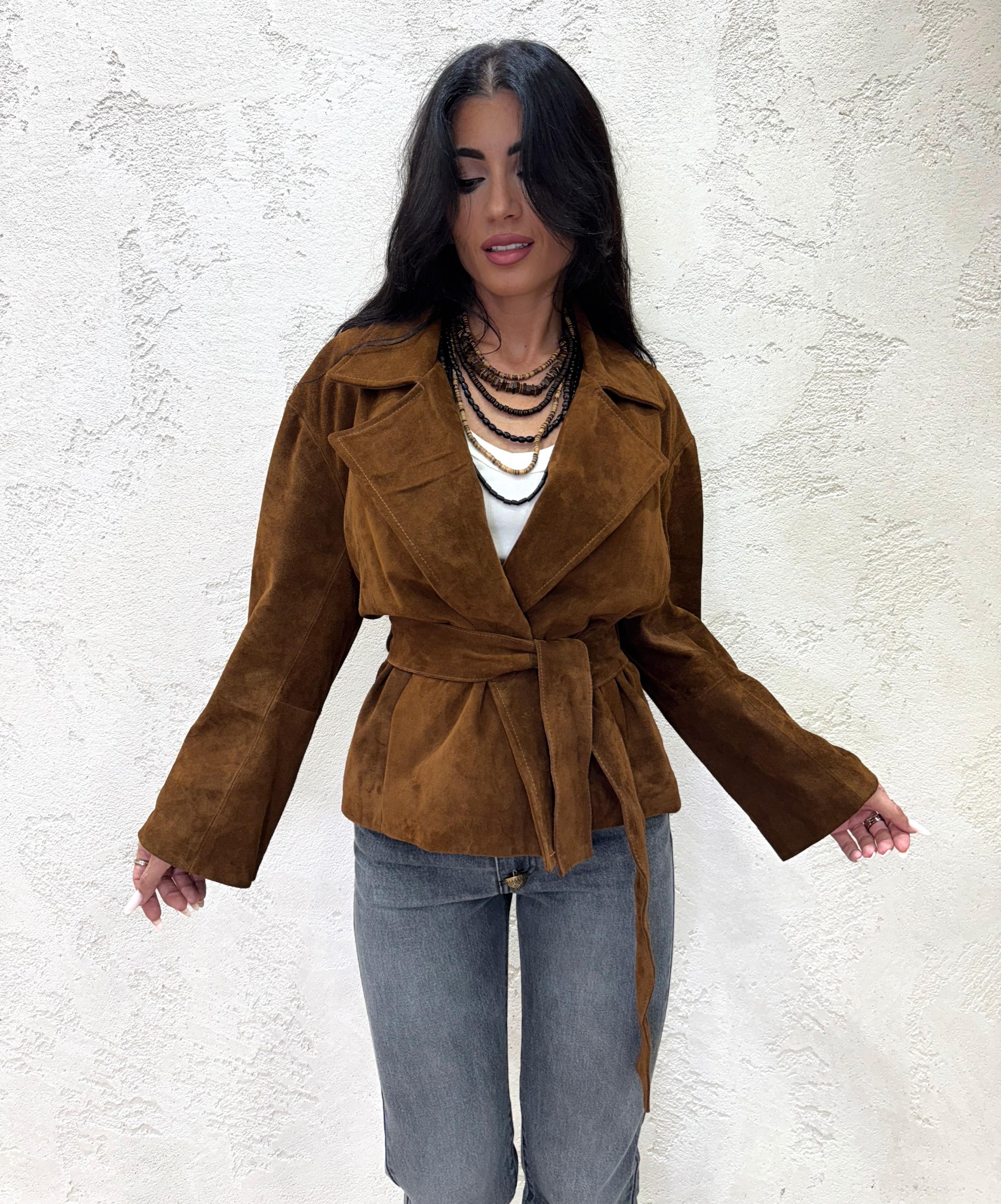 giubbino in vera pelle scamosciata con cintura TF0269 COGNAC VICOLO 