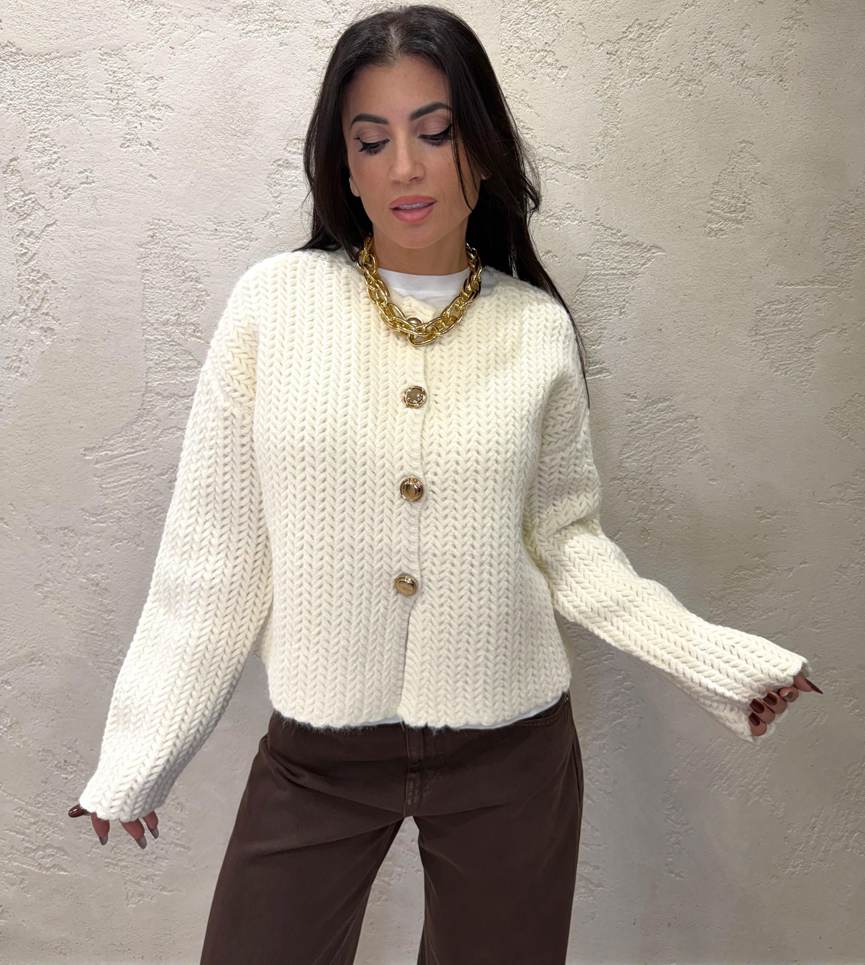 cardigan a spina di pesce con bottoni a contrasto CARBOTSP BURRO ELEVI 