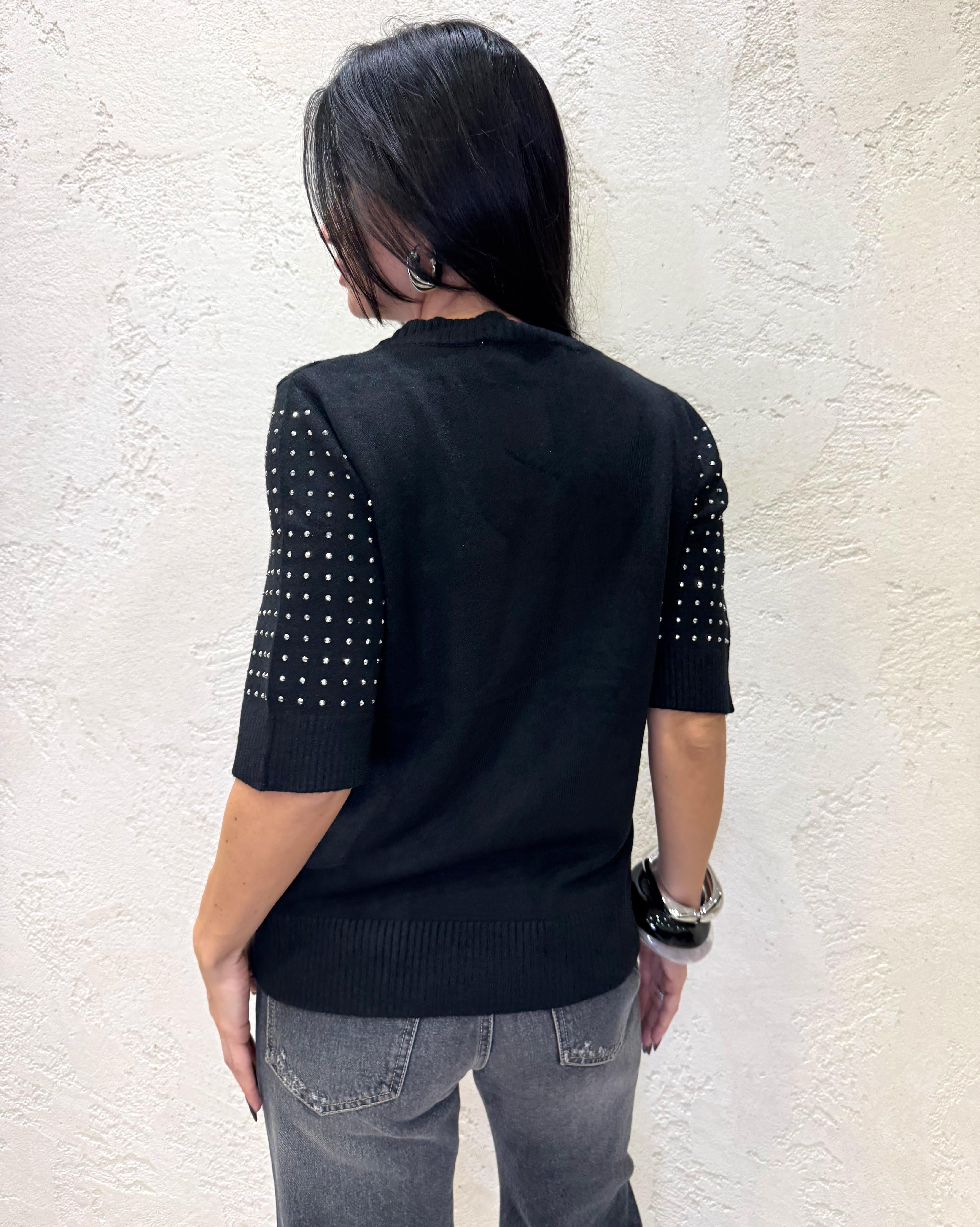 maglia maniche corte scollo a v con strass MMVSTRASS NERO ELEVI 
