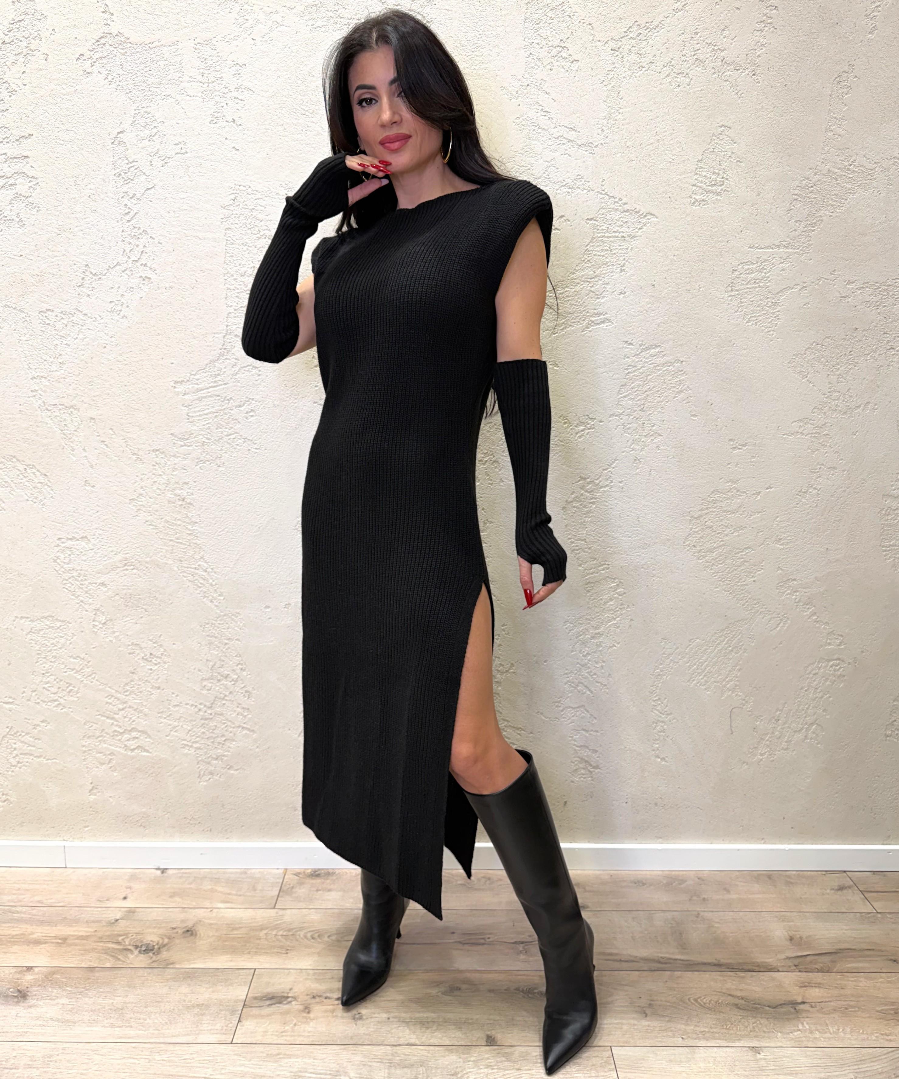 abito in misto lana con manicotti 77331F NERO VICOLO 