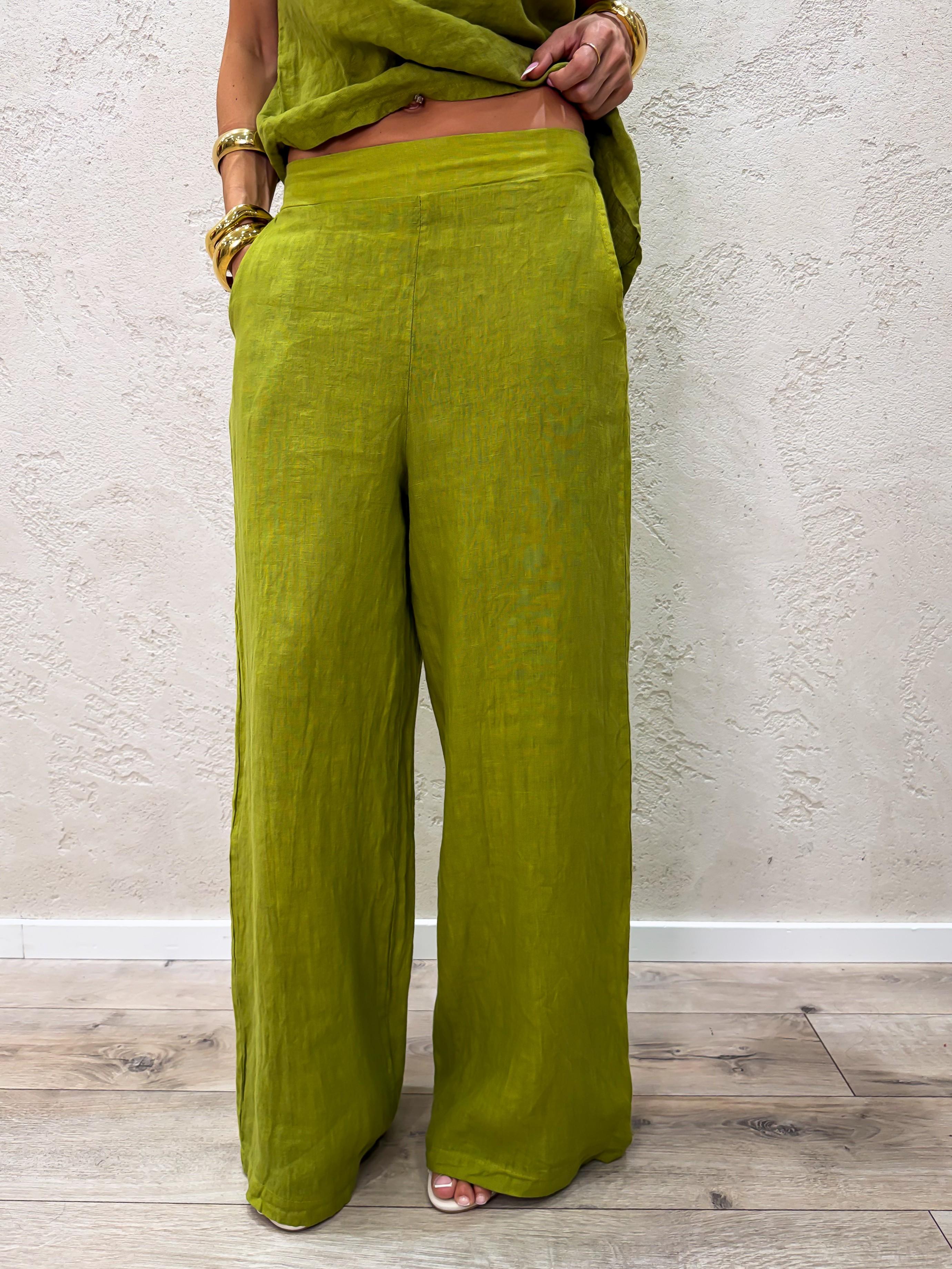 completo in 100% lino composto da blusa e pantalone a palazzo 41004 VERDE OLIVA SUSY MIX 