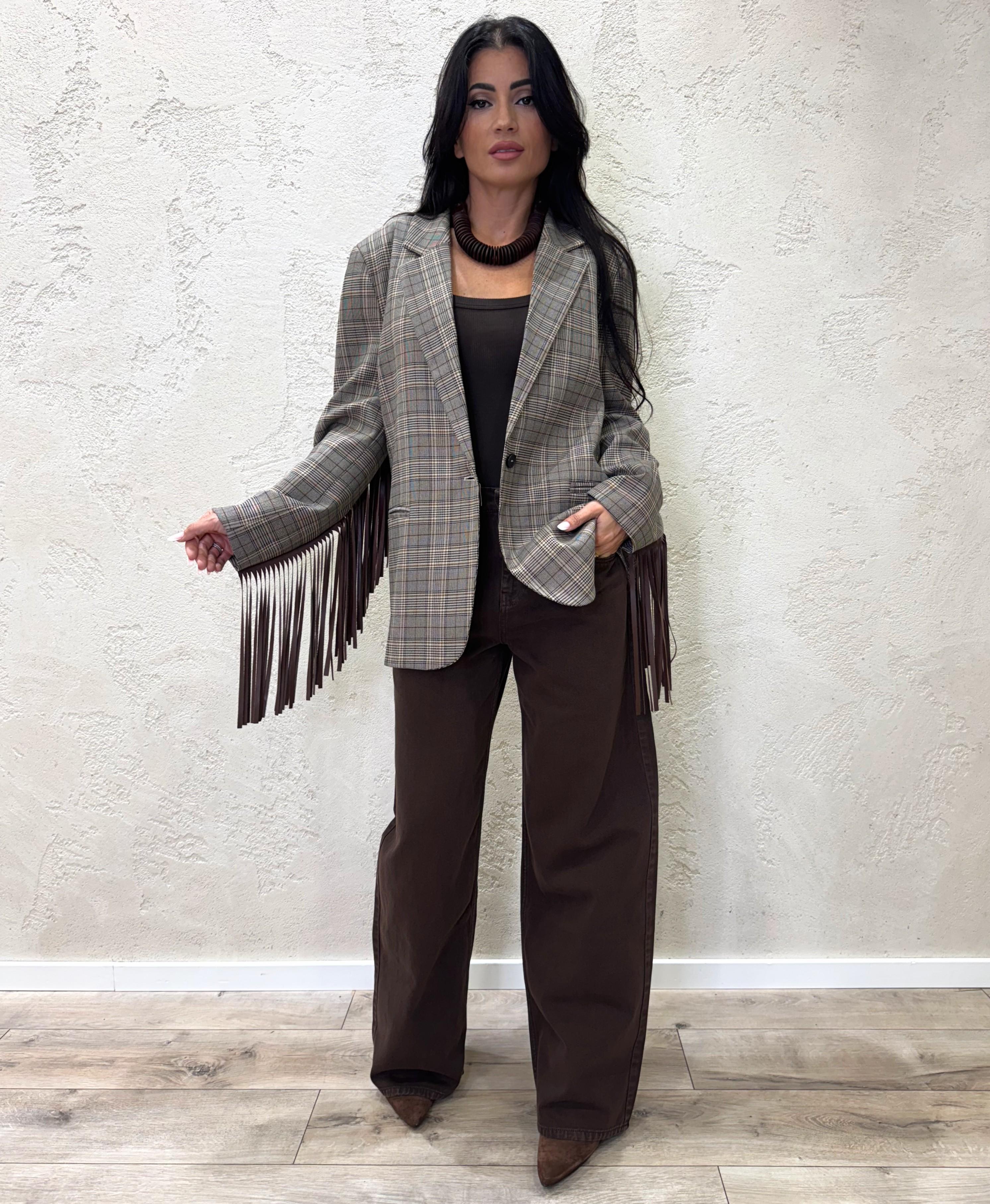 blazer over in check con frange TF0740 MARRONE VICOLO 