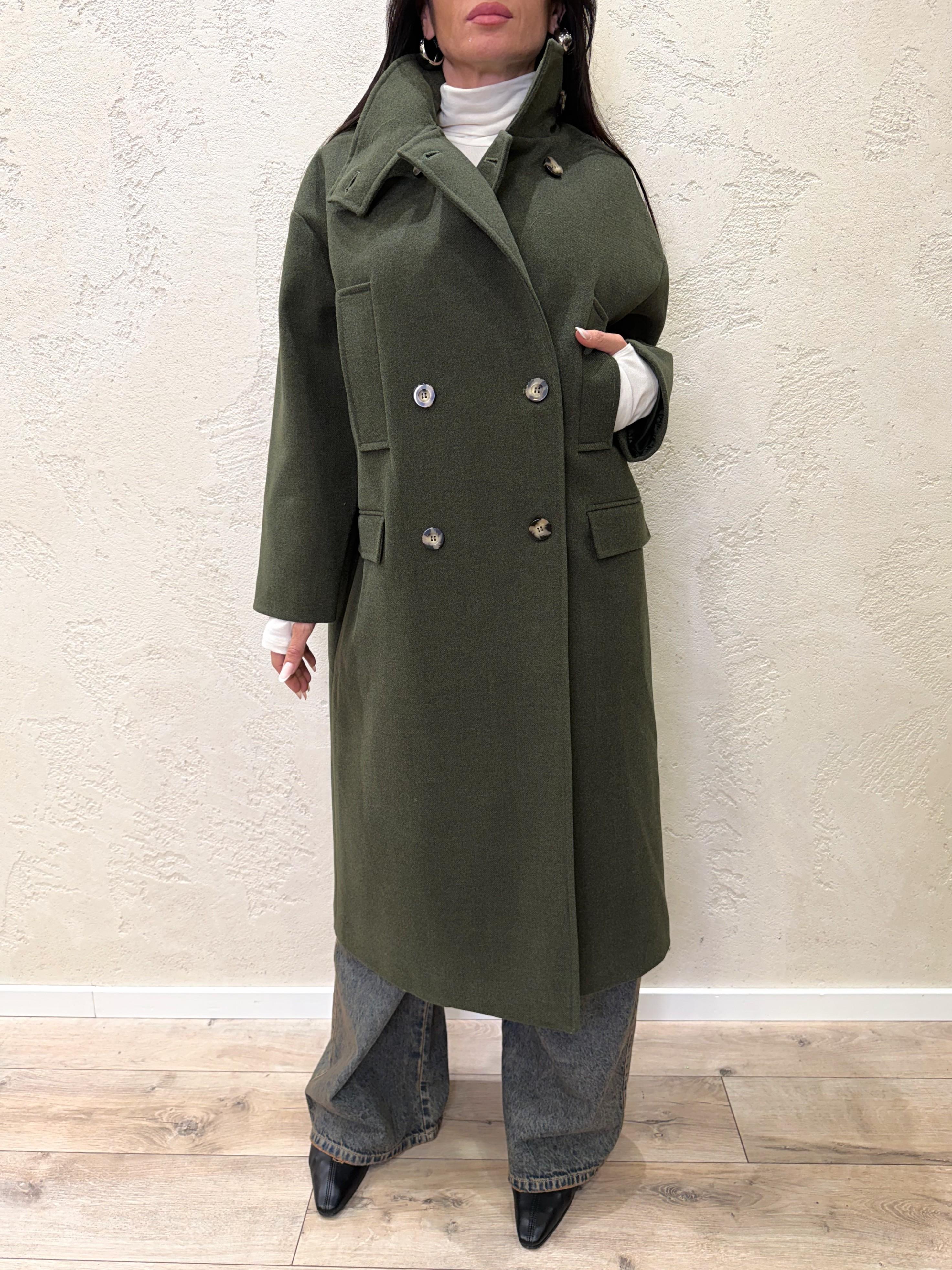 cappotto lungo over misto lana collo alto TF1795 VERDE ARMY VICOLO 