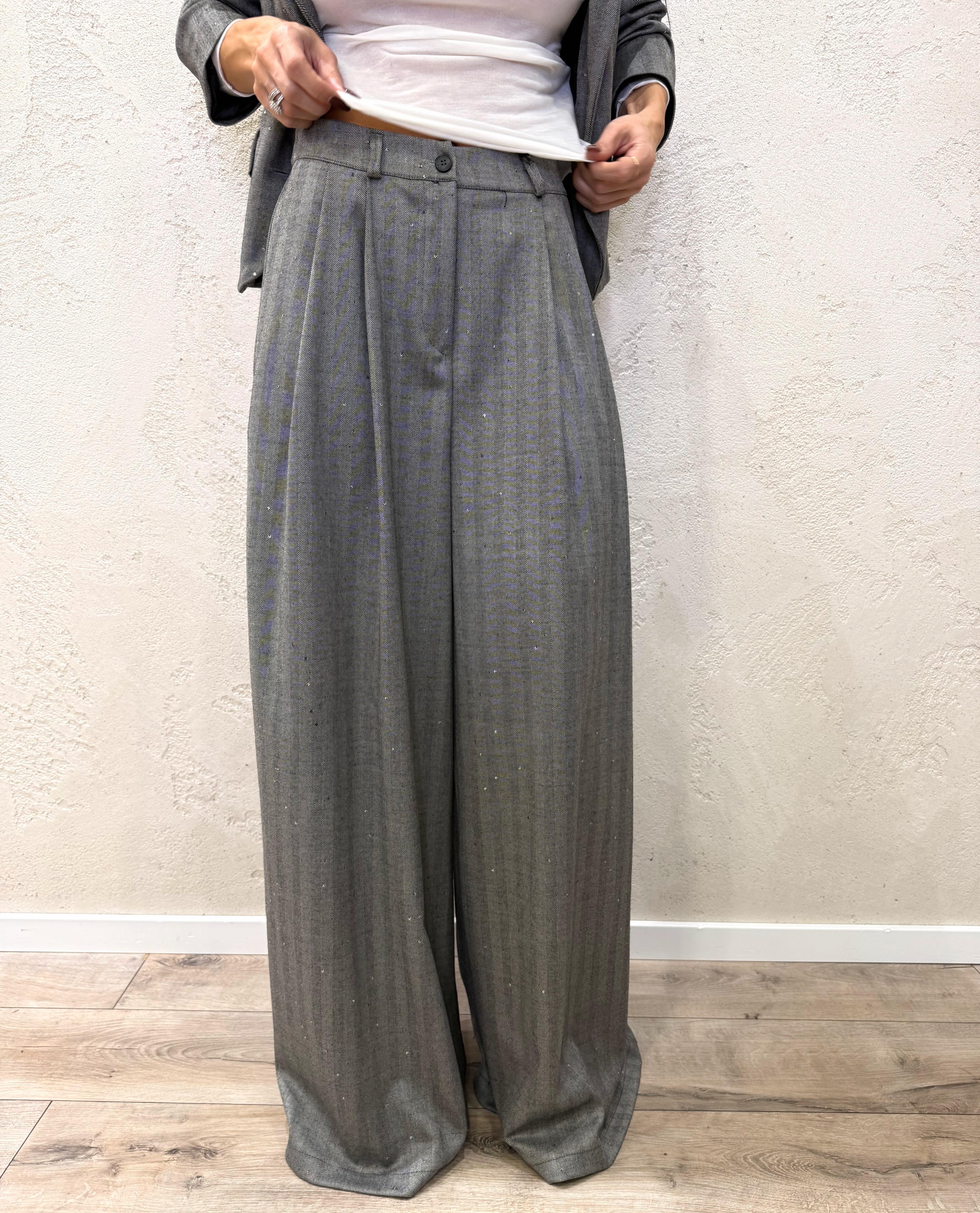 pantalone a palazzo ampio a spina di pesce con micro paillettes 1163AI25 GRIGIO TENSIONE IN 