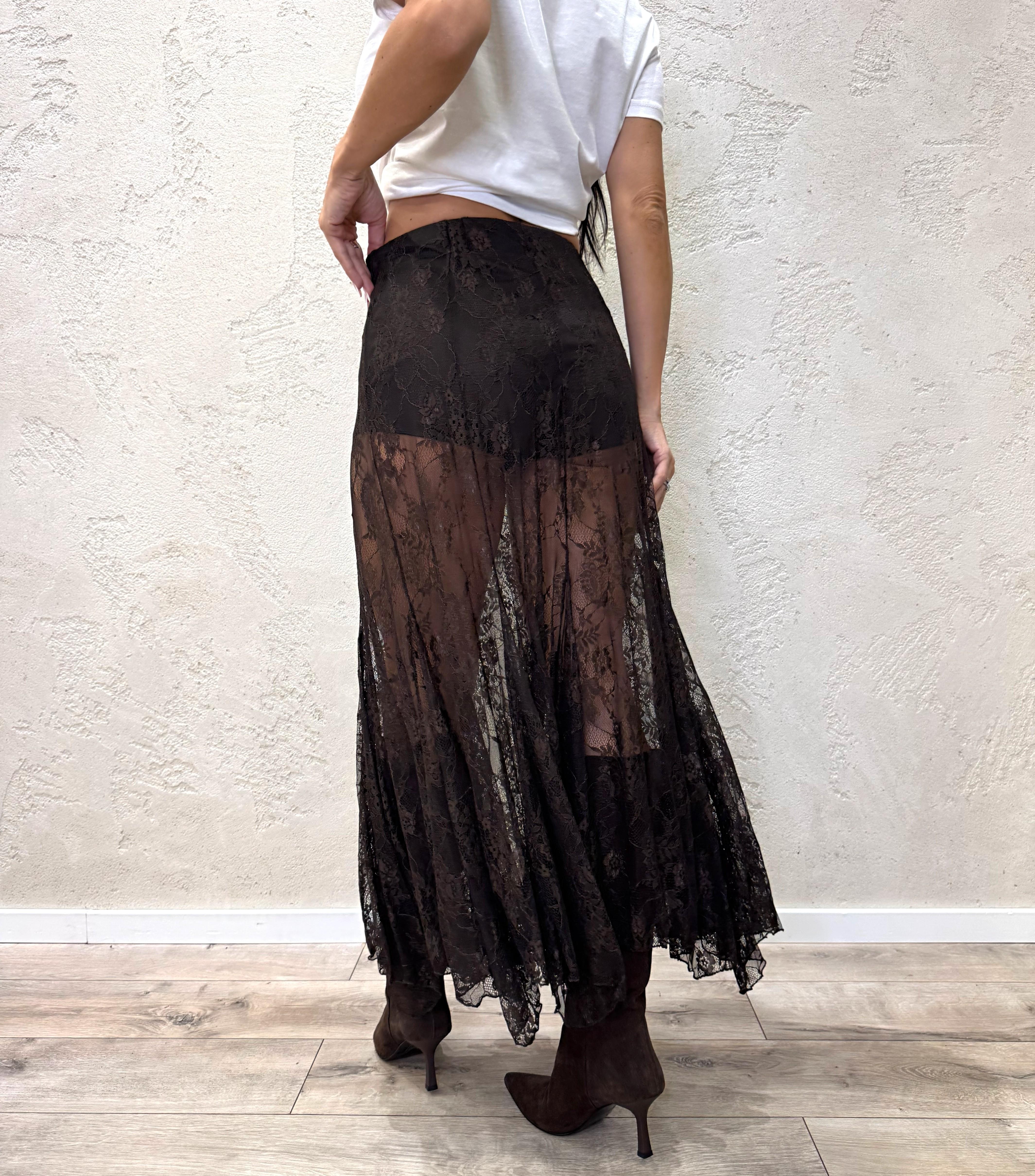 gonna midi in pizzo svasata FW250025 MORO TENSIONE IN 