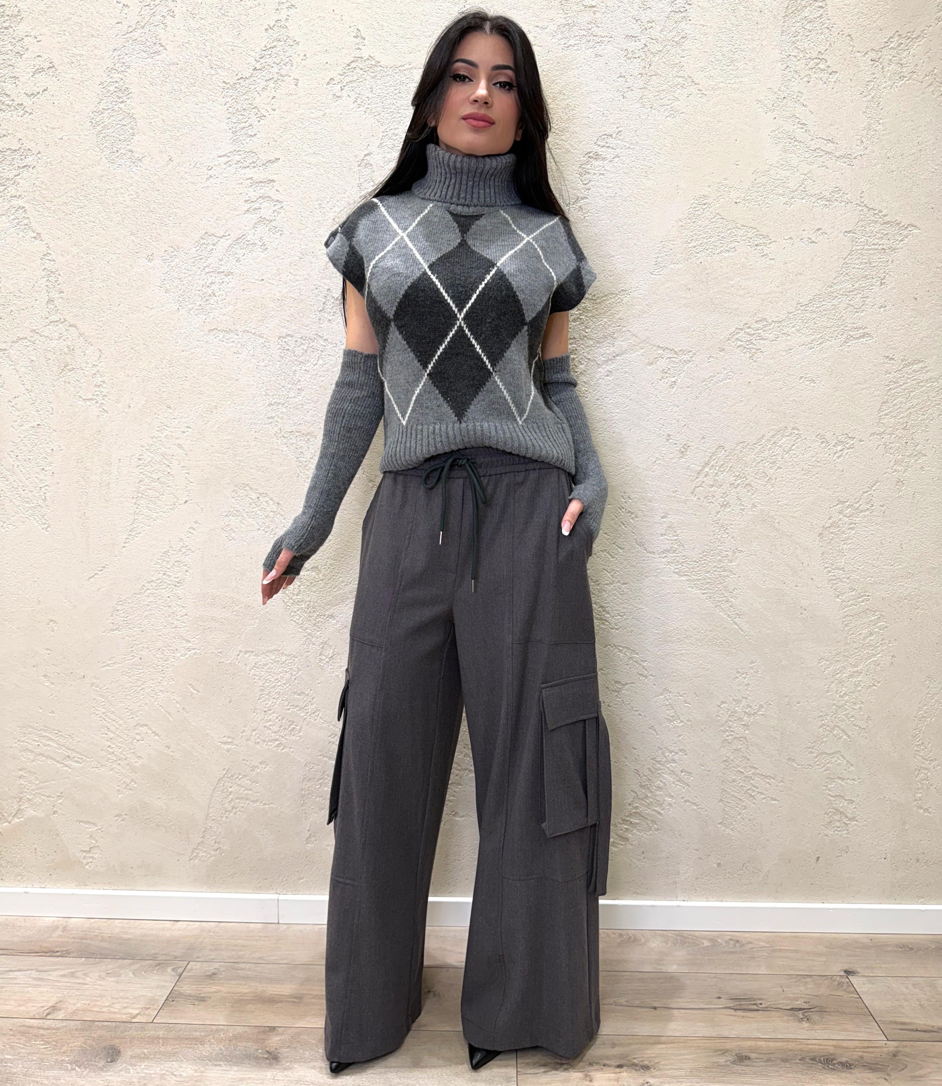 gilet in maglia con manicotti in fantasia rombi W5HMT37A373 GRIGIO TENSIONE IN 