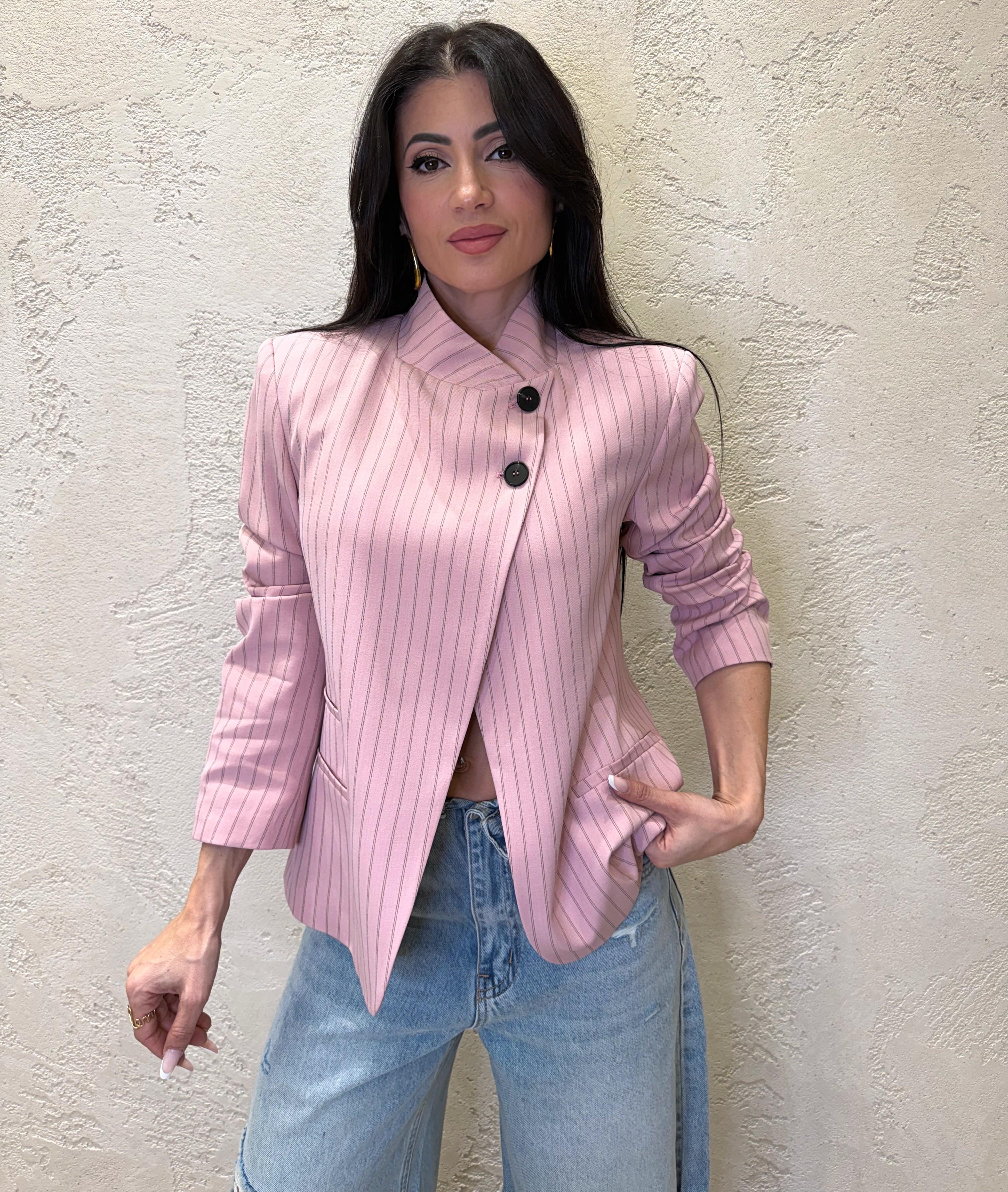 giacca gessata con collo alla coreana e chiusura asimmetrica JMN-Q096 ROSA HAVEONE 