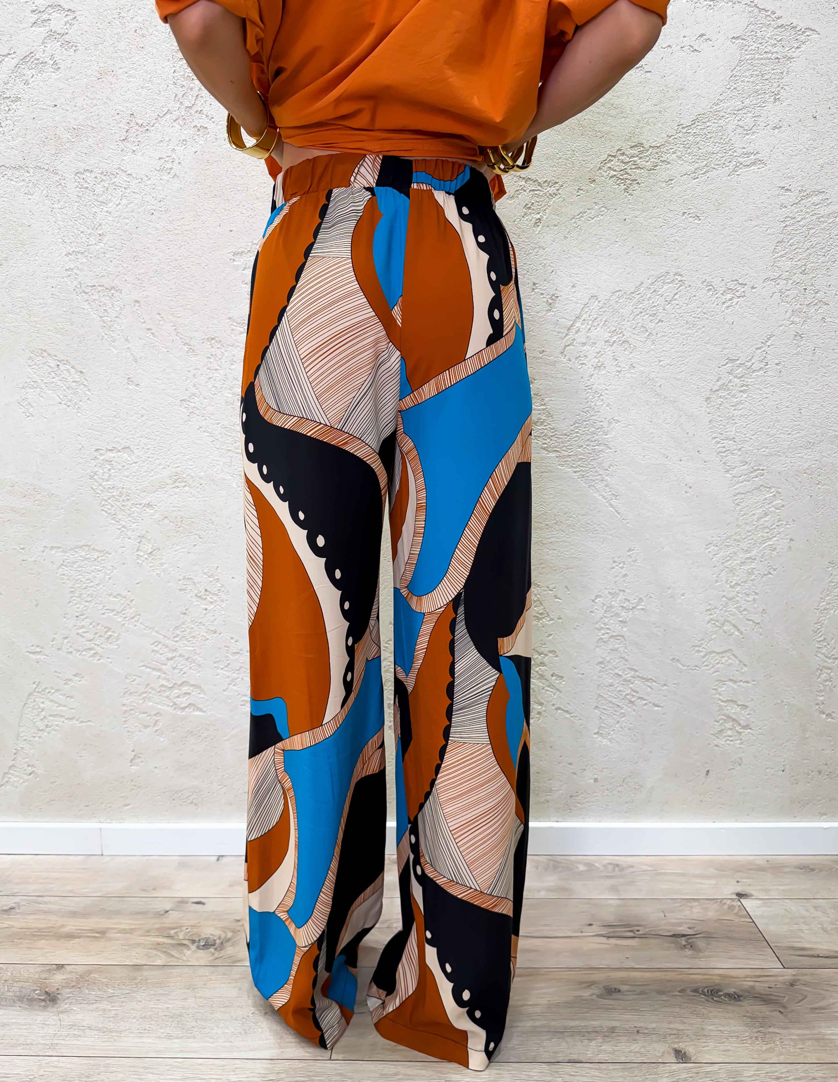 pantalone a palazzo in viscosa PIA-Q673 CELESTE/NERO HAVEONE 