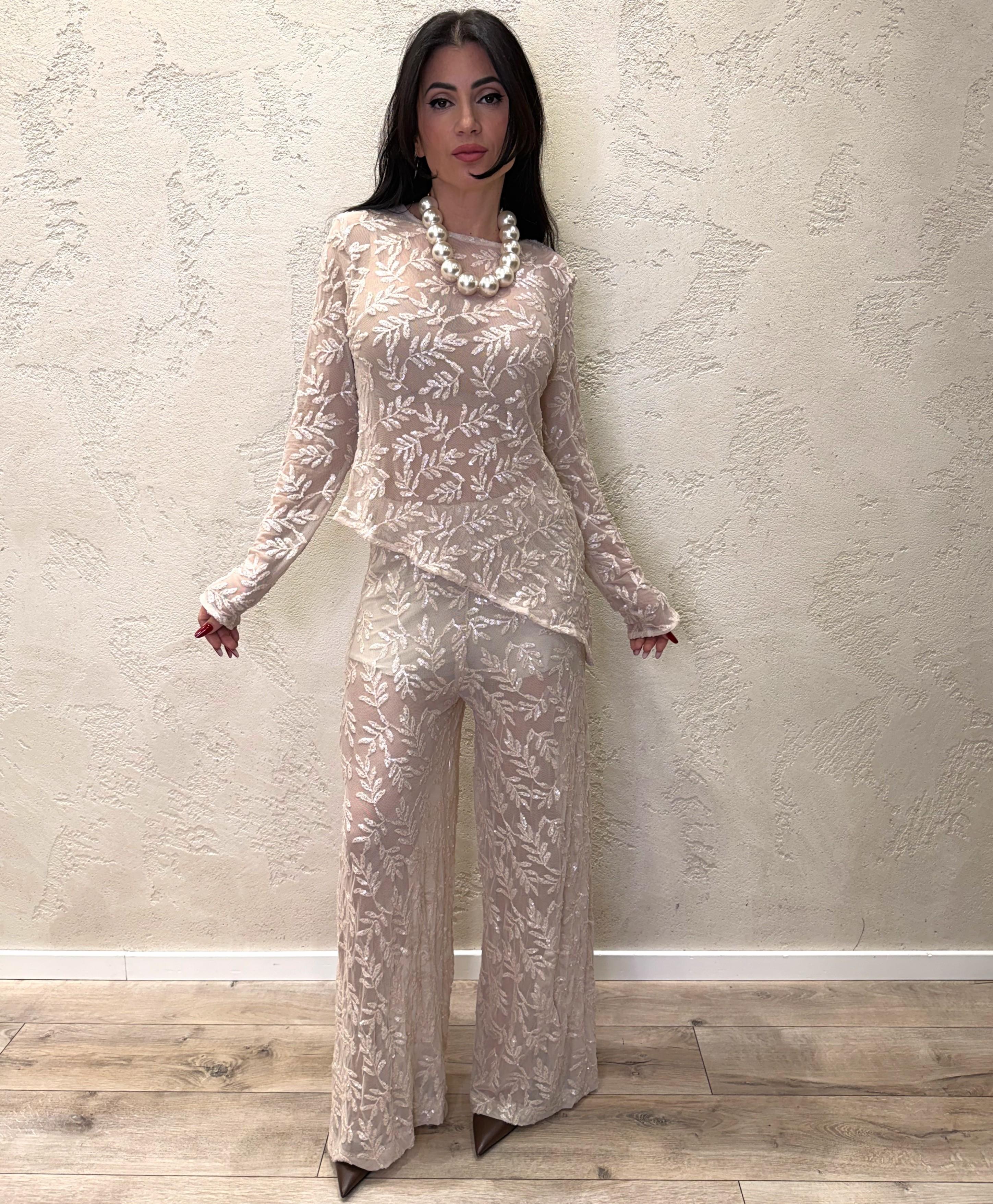 pantalone in toulle con paillettes ricamate e coulotte W25PC02 PANNA MOTEL 