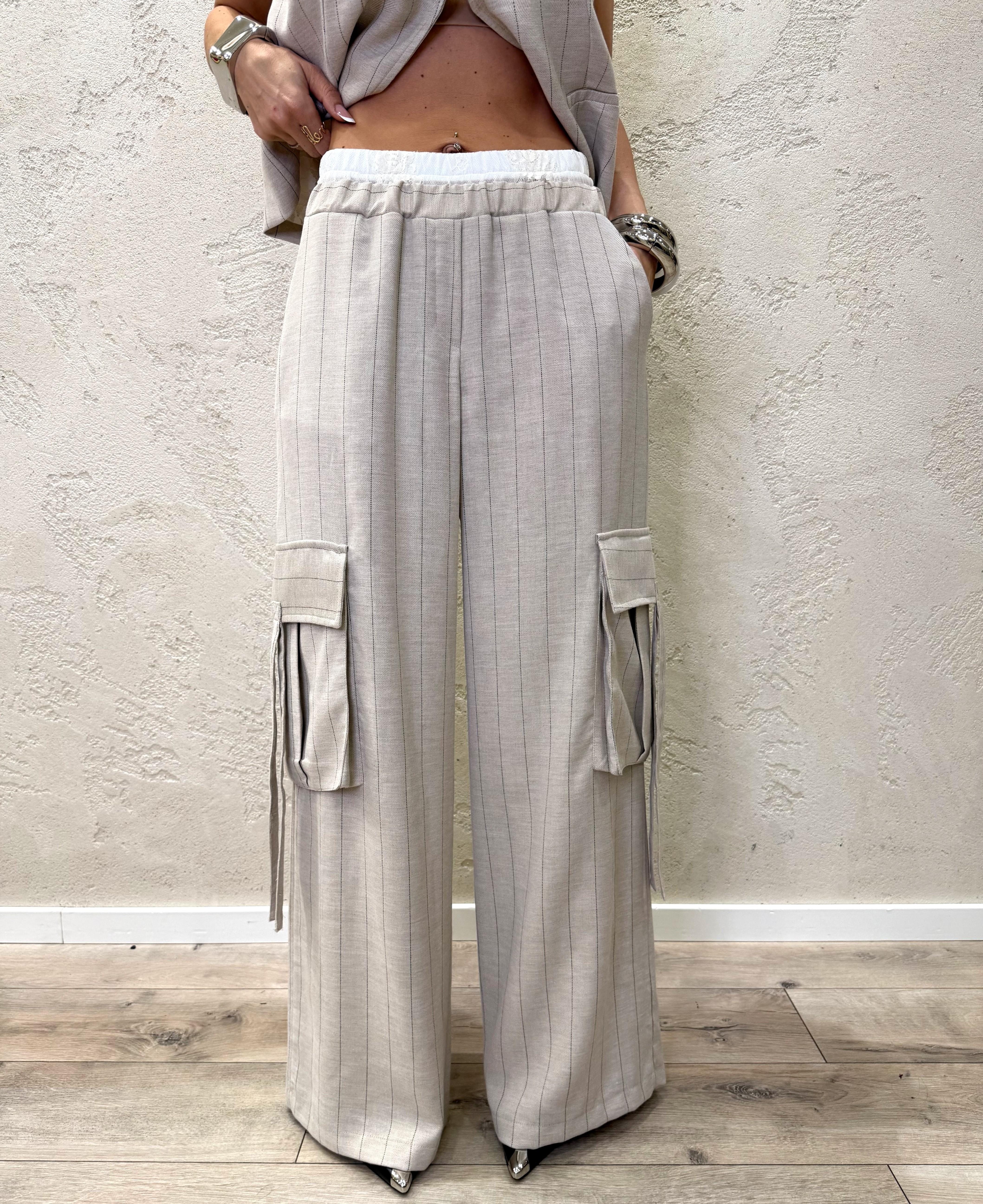 pantaloni cargo gessati con vita elasticizzata finto boxer S26P840 BEIGE TENSIONE IN 
