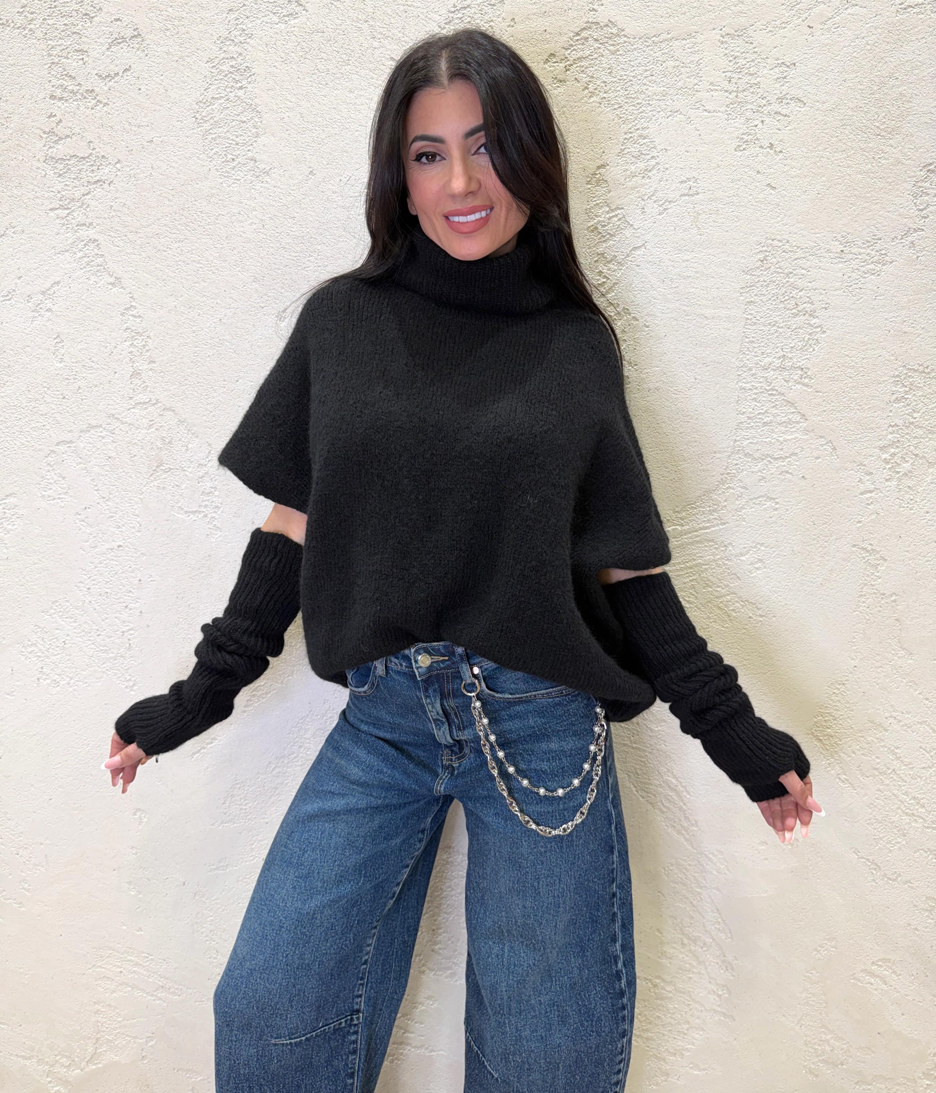 pull ampio in misto lana e mohair con manicotti 25A1250 NERO MOTEL 