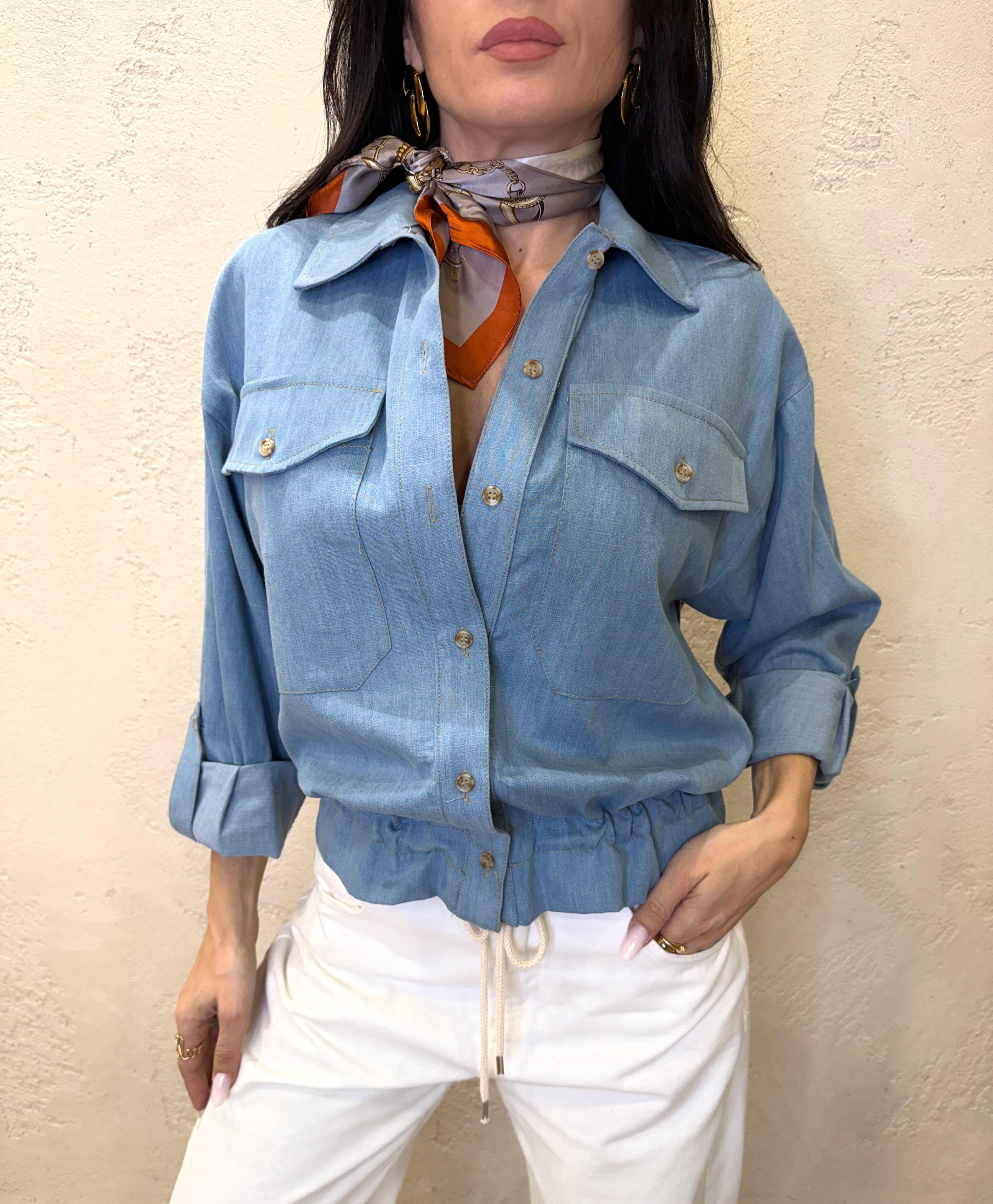 camicia in chambray con coulisse in corda sul fondo C9990096 AZZURRO DENIM IMPERIAL 