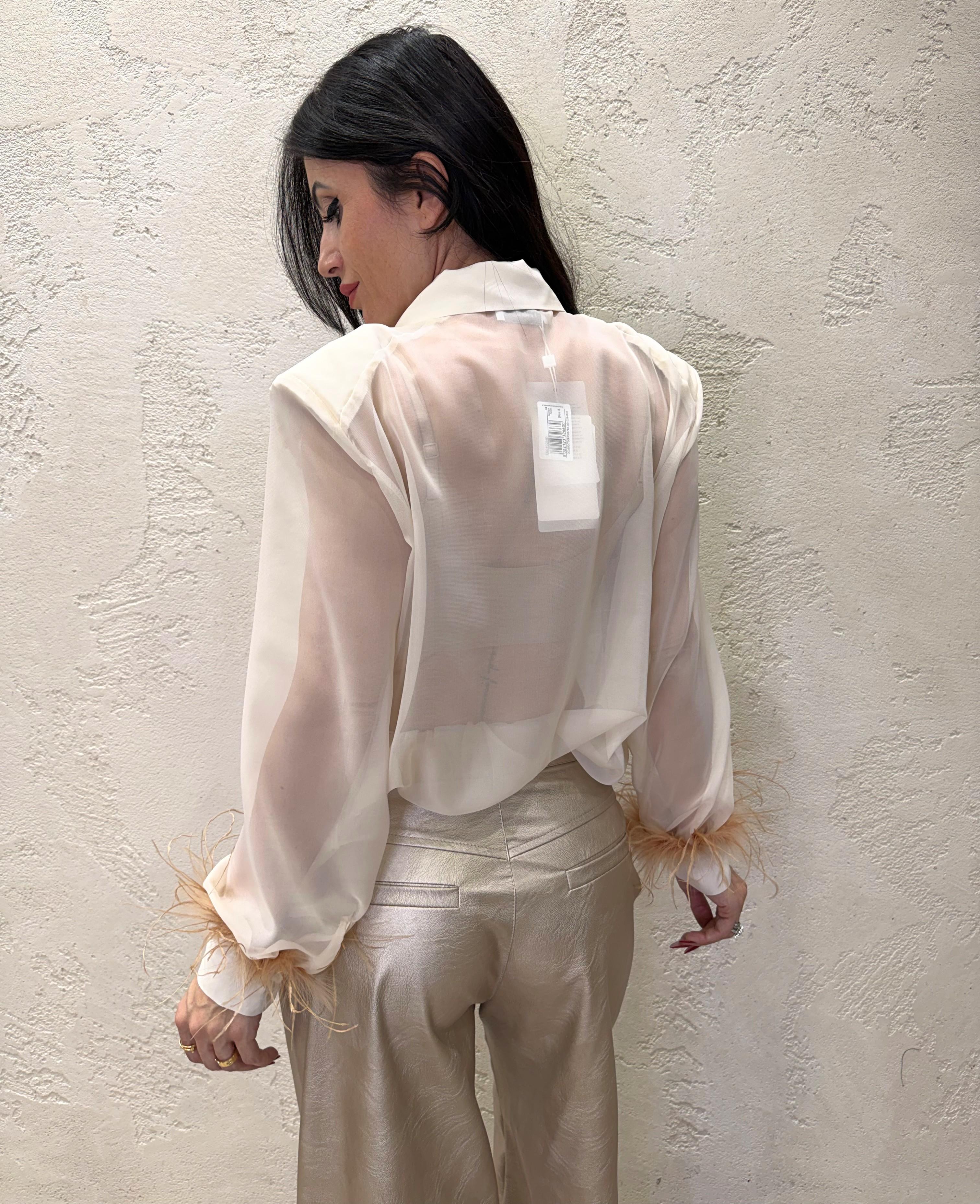 camicia in chiffon con piume C50402MO PANNA MOTEL 