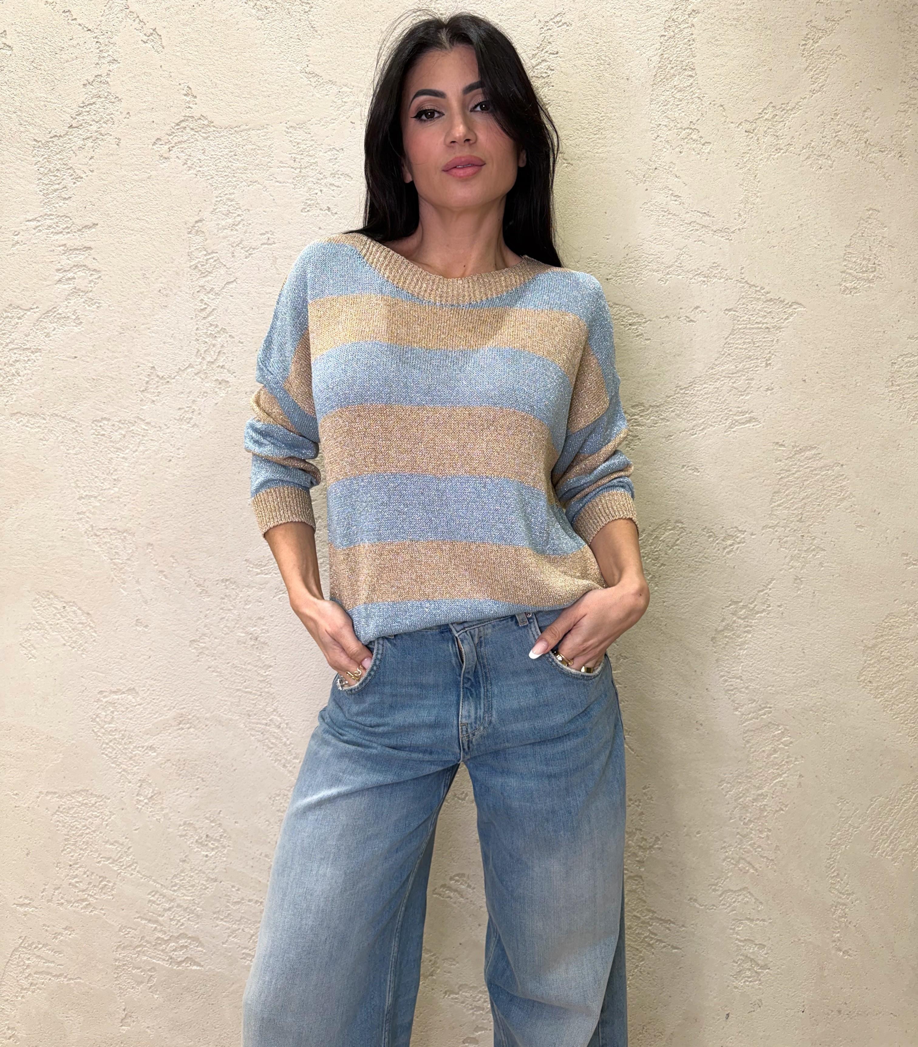 pull vestibilità morbida in lurex fantasia a righe W26020 CELESTE SUSY MIX 