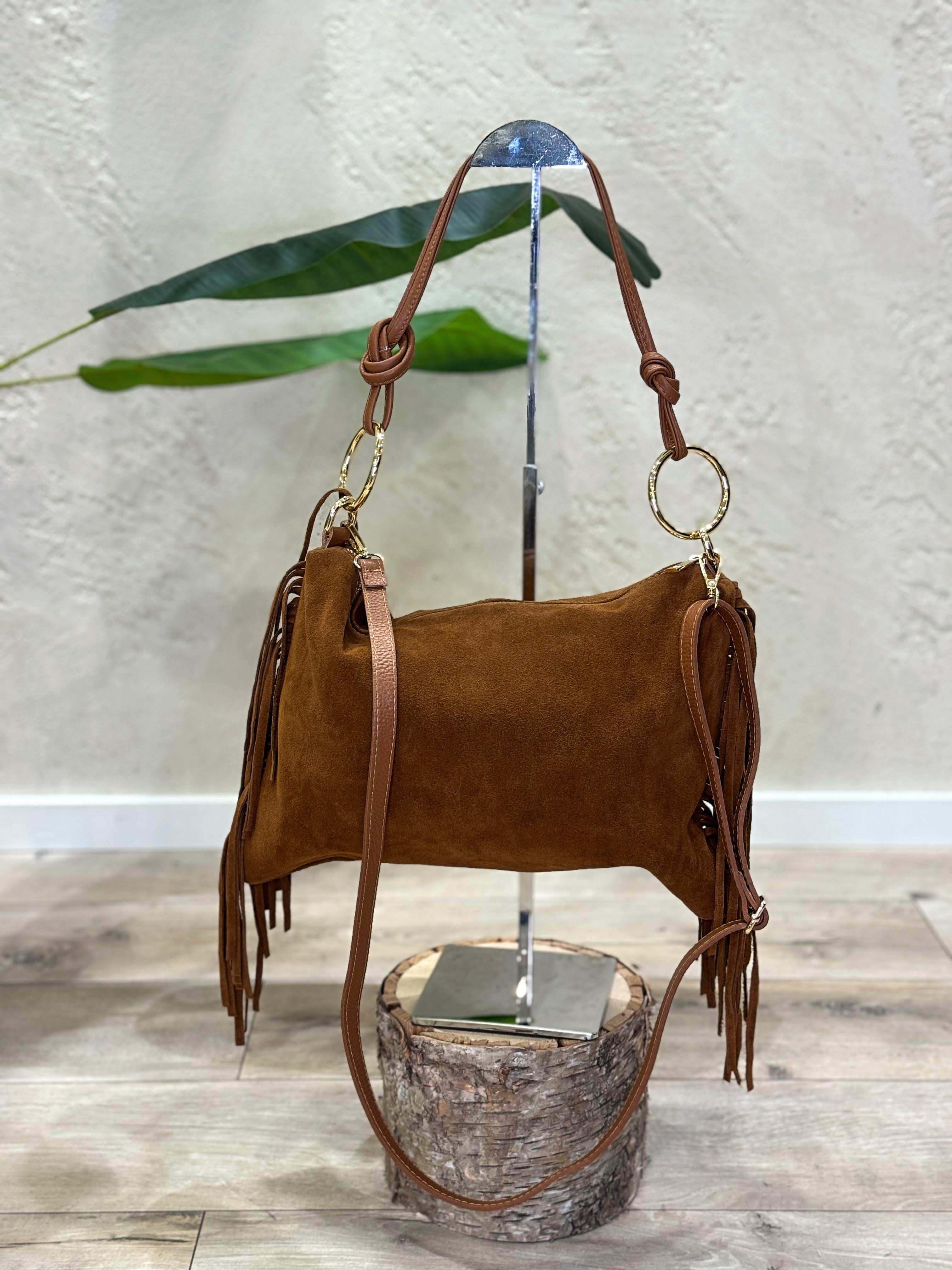 borsa in vera pelle scamosciata con frange BORSCAFRA TABACCO ELEVI 