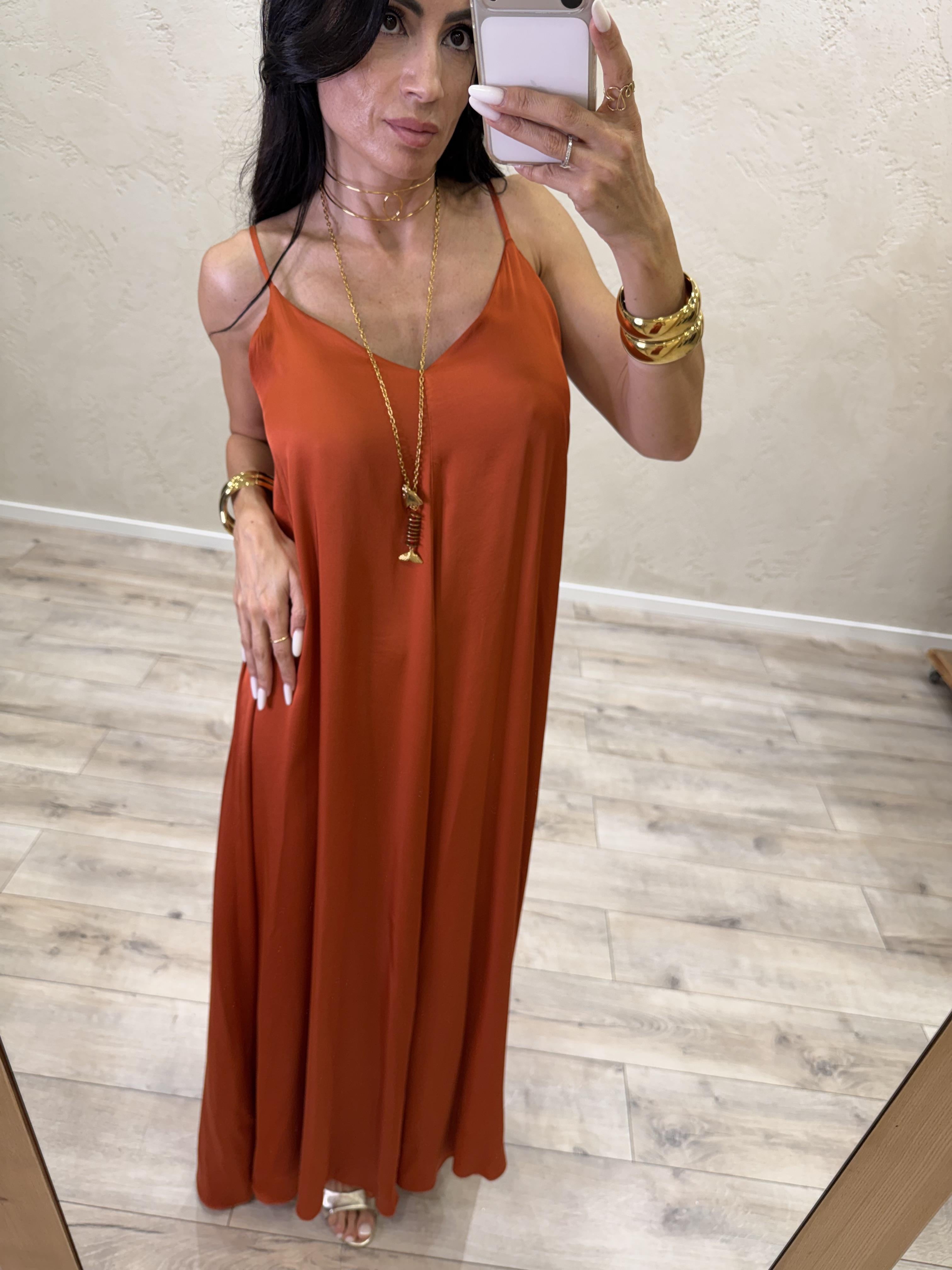 abito svasato in satin scollo a v TAB2587 PAPAYA VICOLO 
