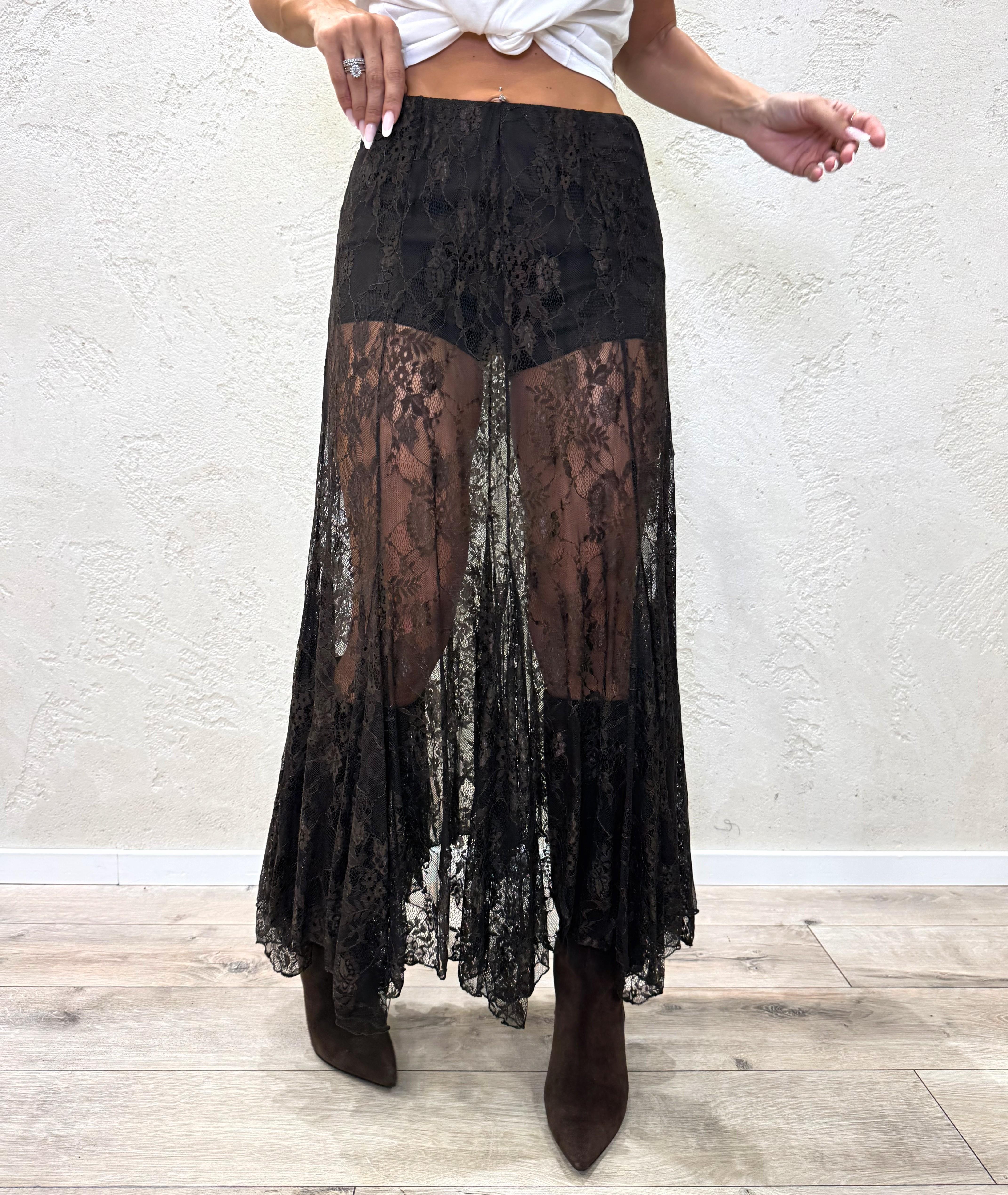 gonna midi in pizzo svasata FW250025 MORO TENSIONE IN 