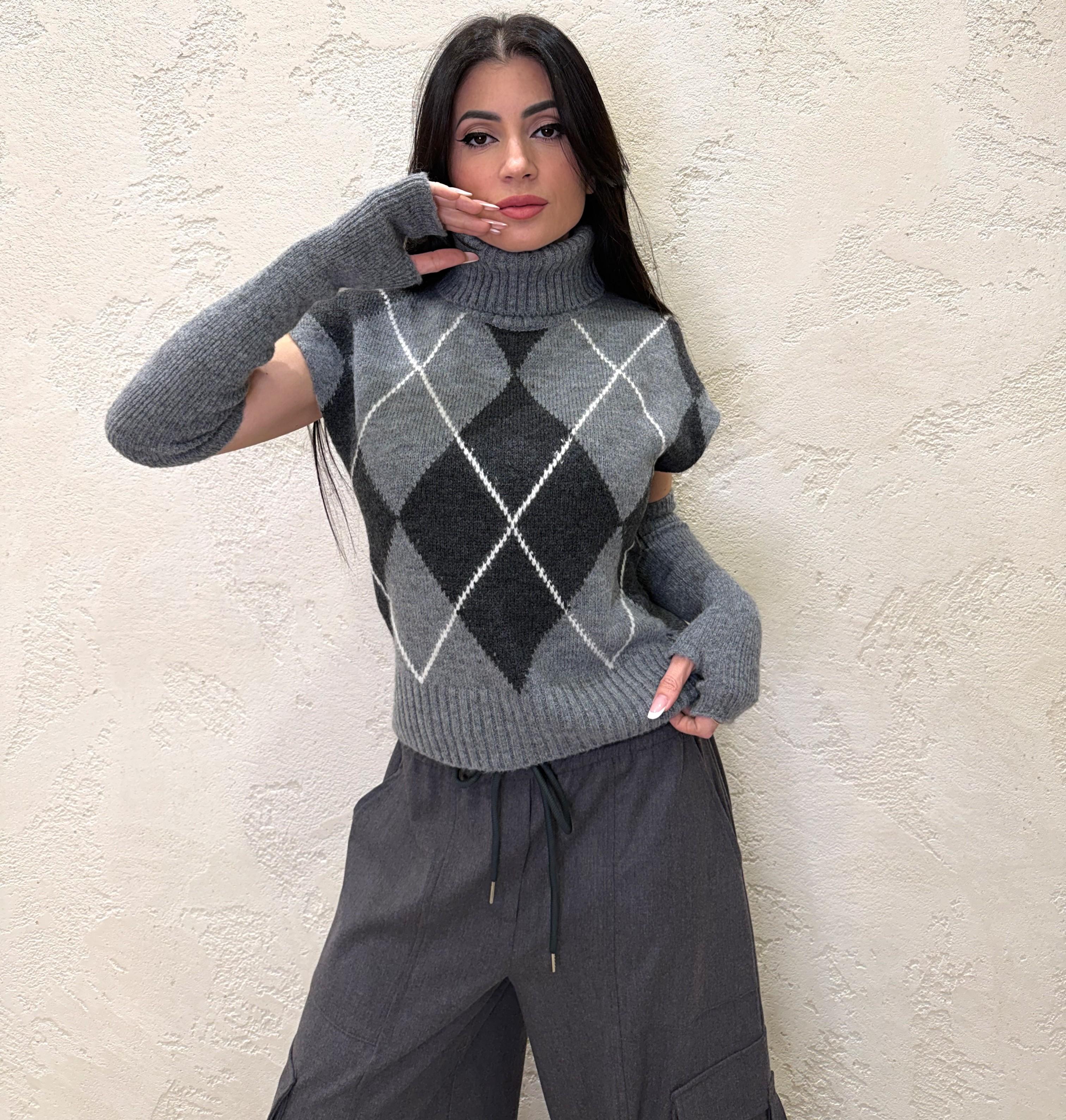 gilet in maglia con manicotti in fantasia rombi W5HMT37A373 GRIGIO TENSIONE IN 
