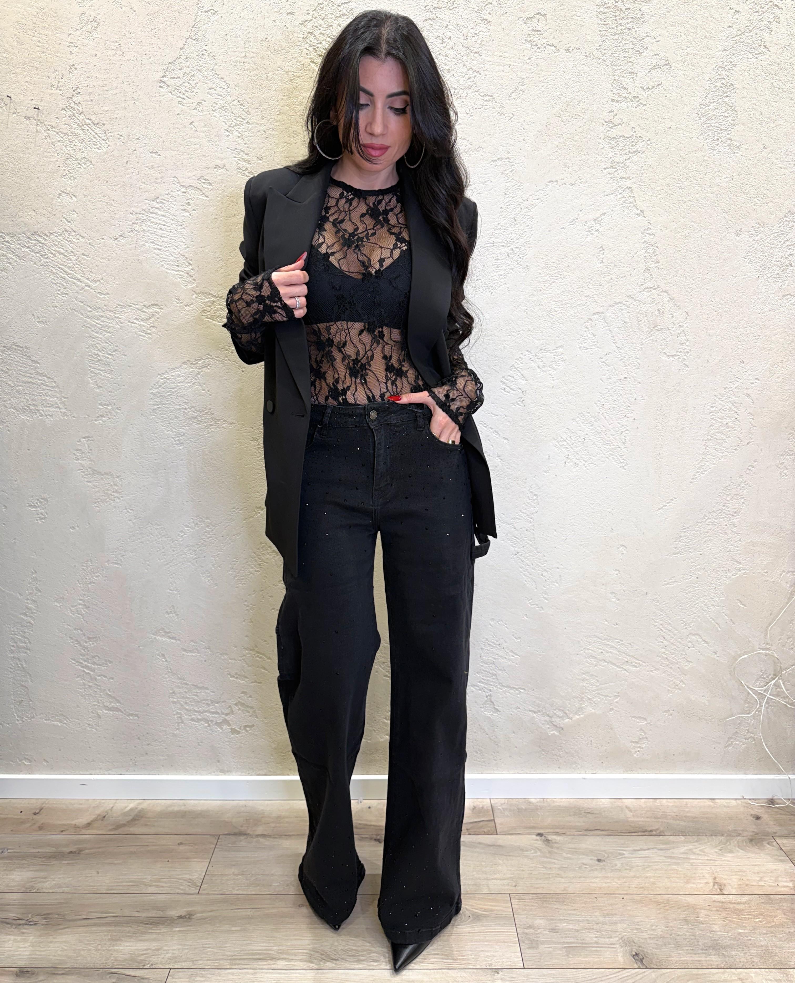jeans modello work a gamba larga con strass JWSTRASS NERO ELEVI 