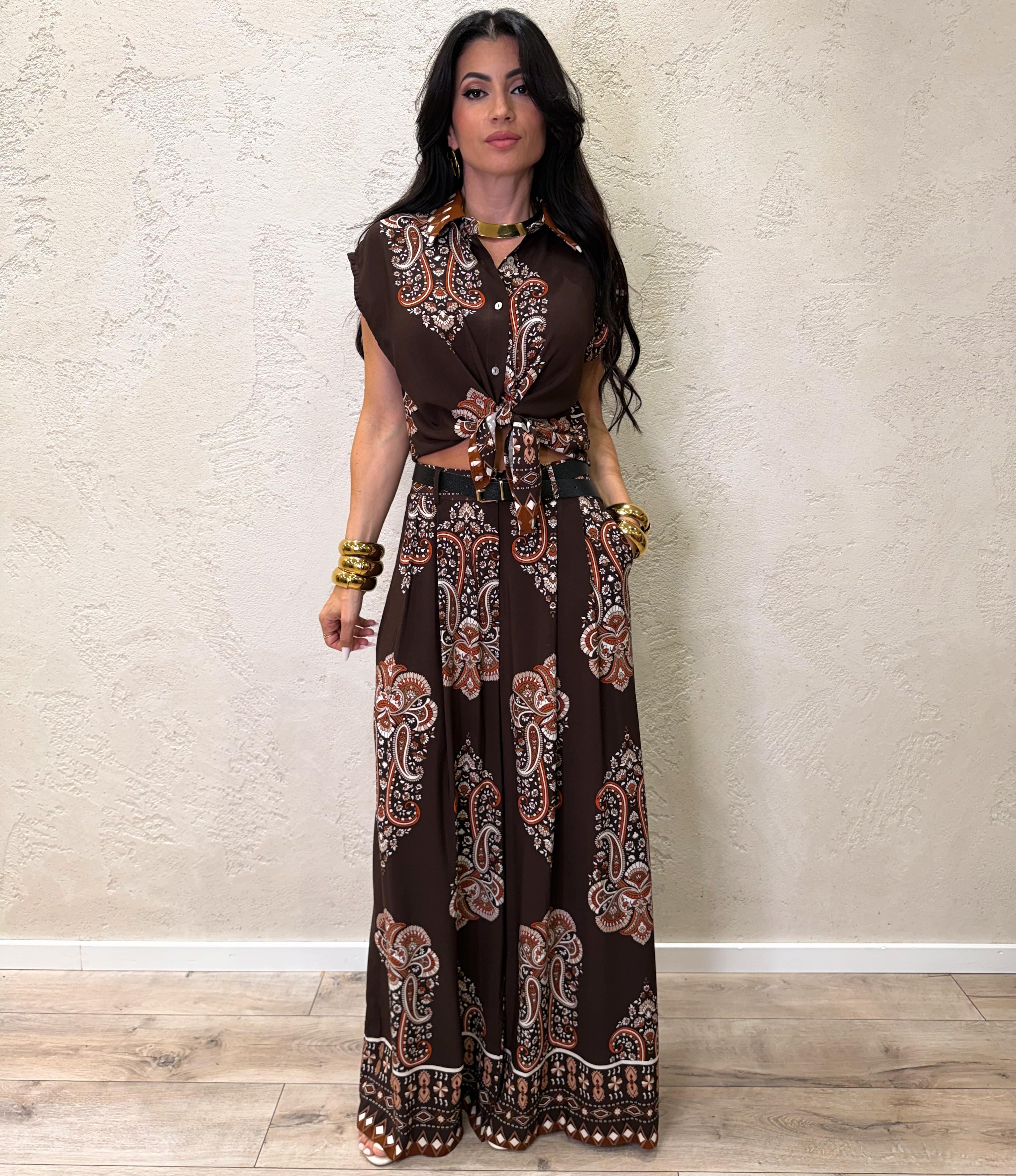 pantalone in 100% viscosa a palazzo con pinces frontali e fantasia etnica 16926H2 MORO SUSY MIX 
