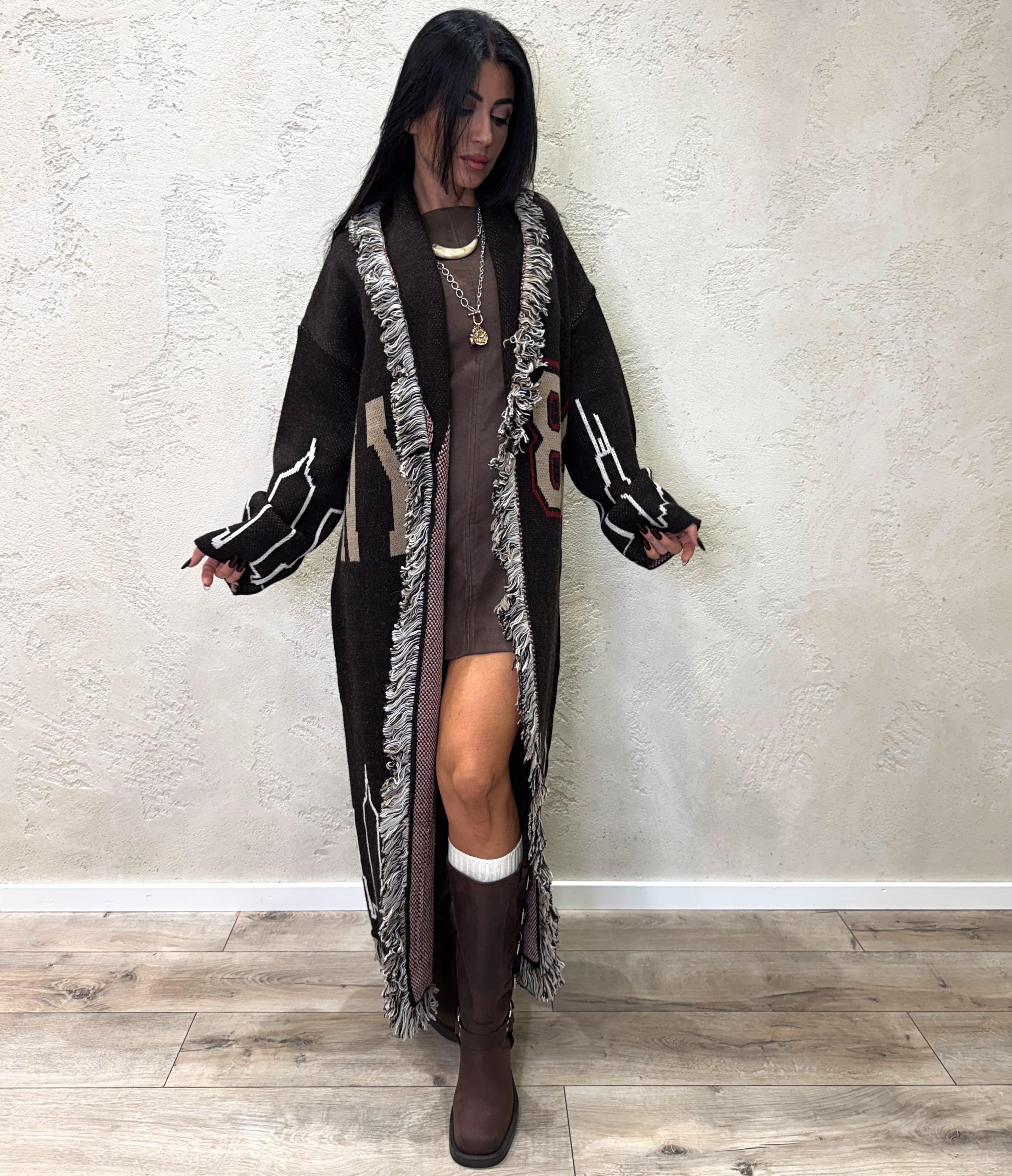 cardigan lungo in misto lana e alpaca sfrangiato W5HMG82A400 MORO MOTEL 