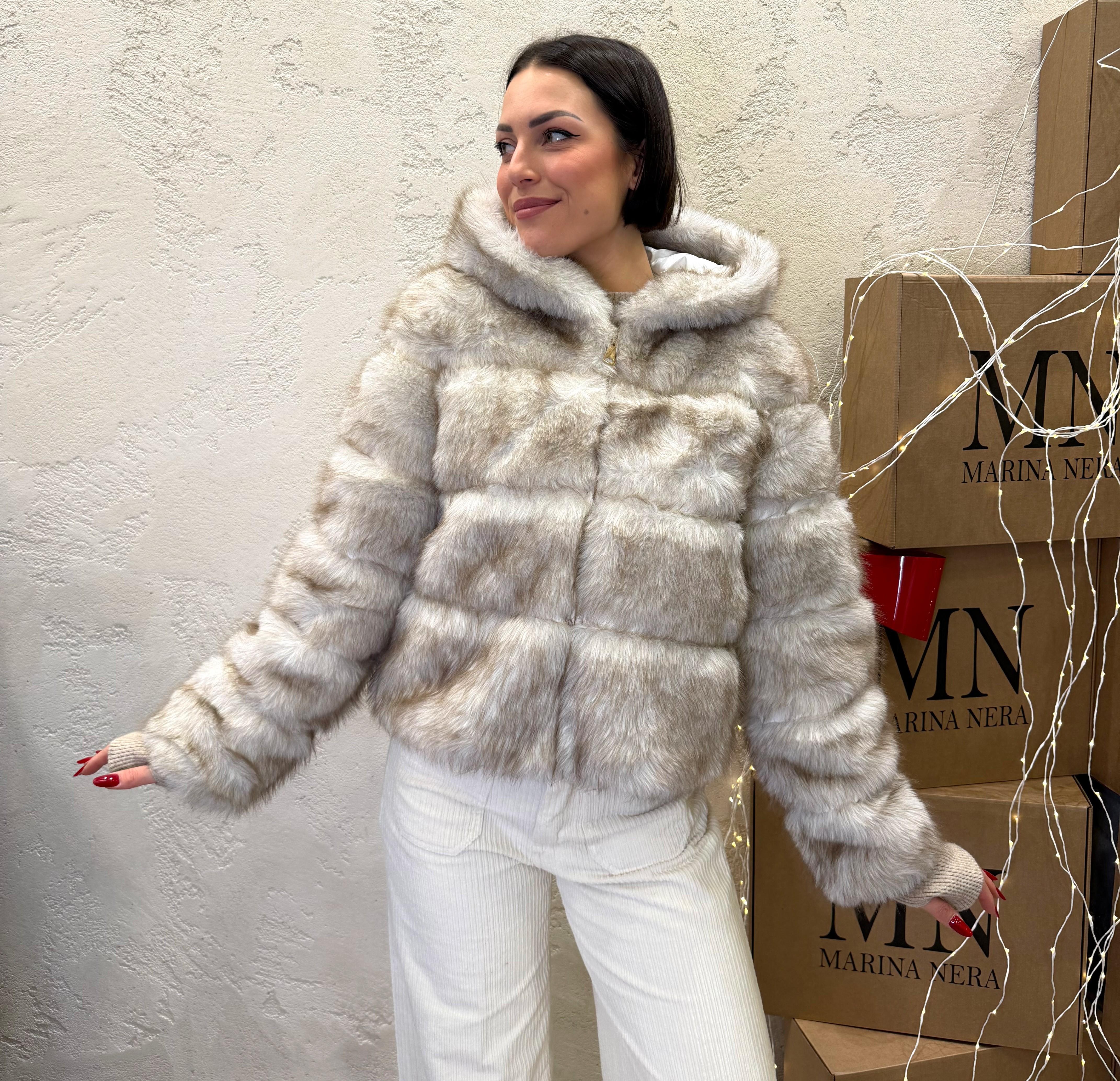 pelliccia corta con inserti ecopelle PCAPZIP NATURALE ELEVI 