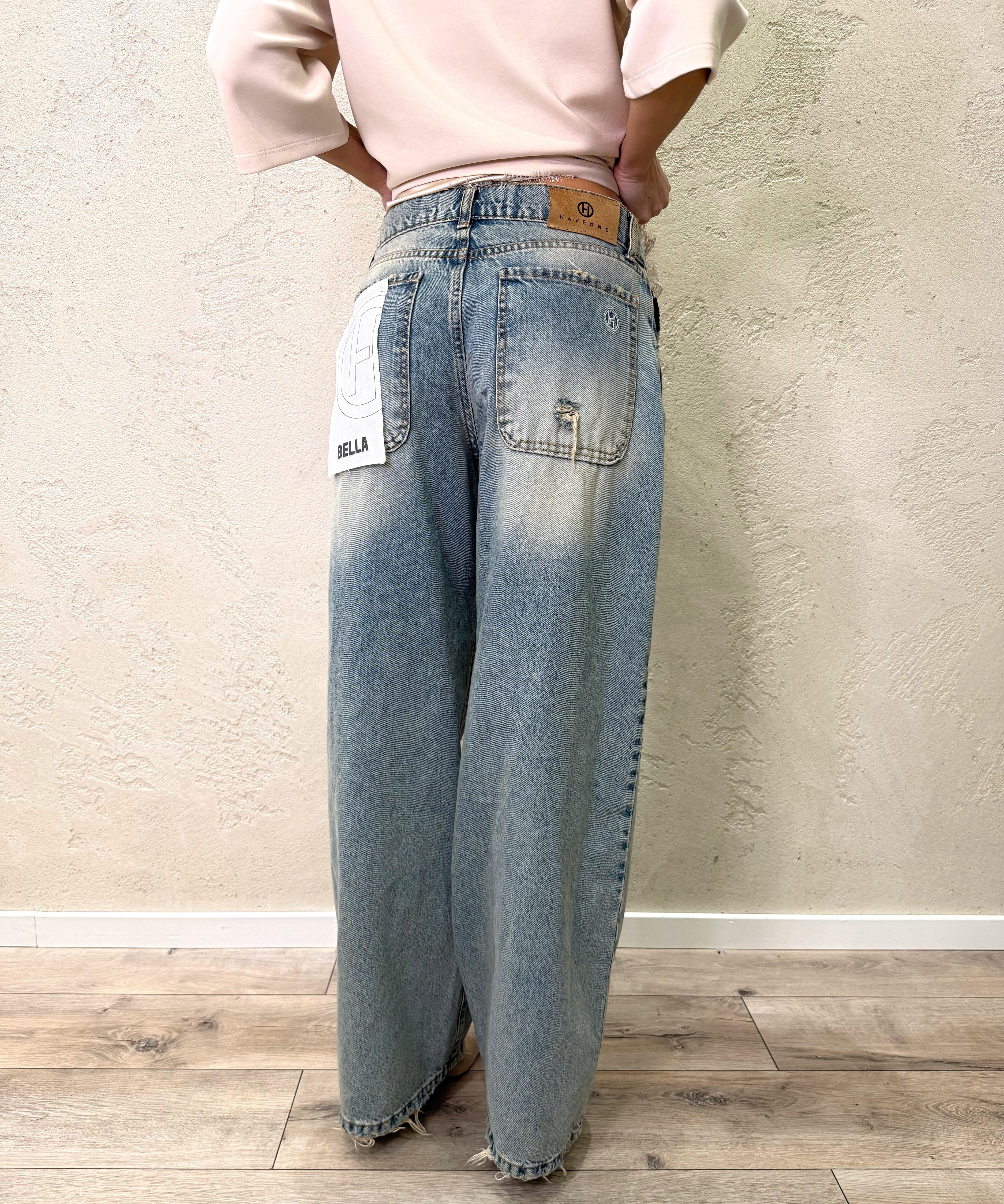 jeans modello bella wide leg in tela ferma con rotture PLS-Q026 DENIM BLU HAVEONE 