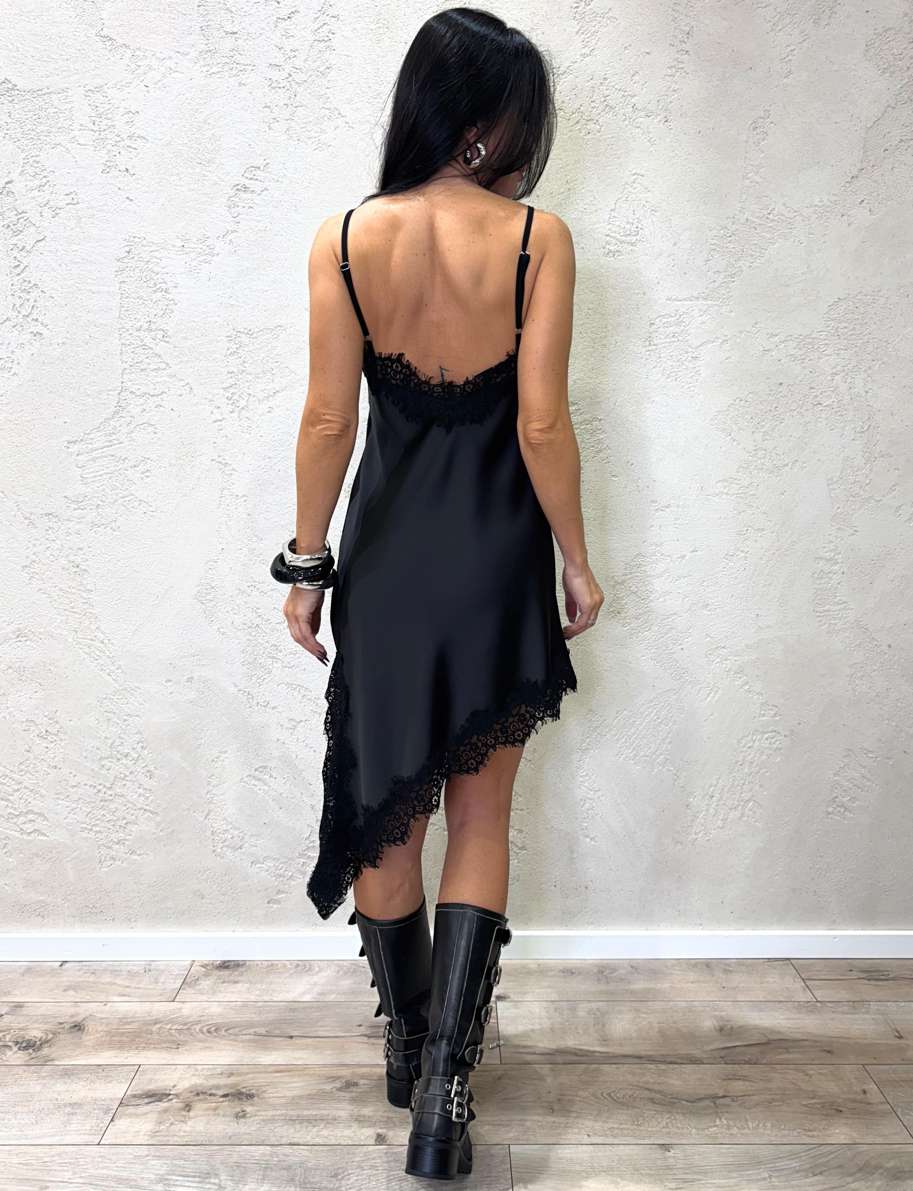 abito asimmetrico con inserti in pizzo AVS-P037 NERO HAVEONE 