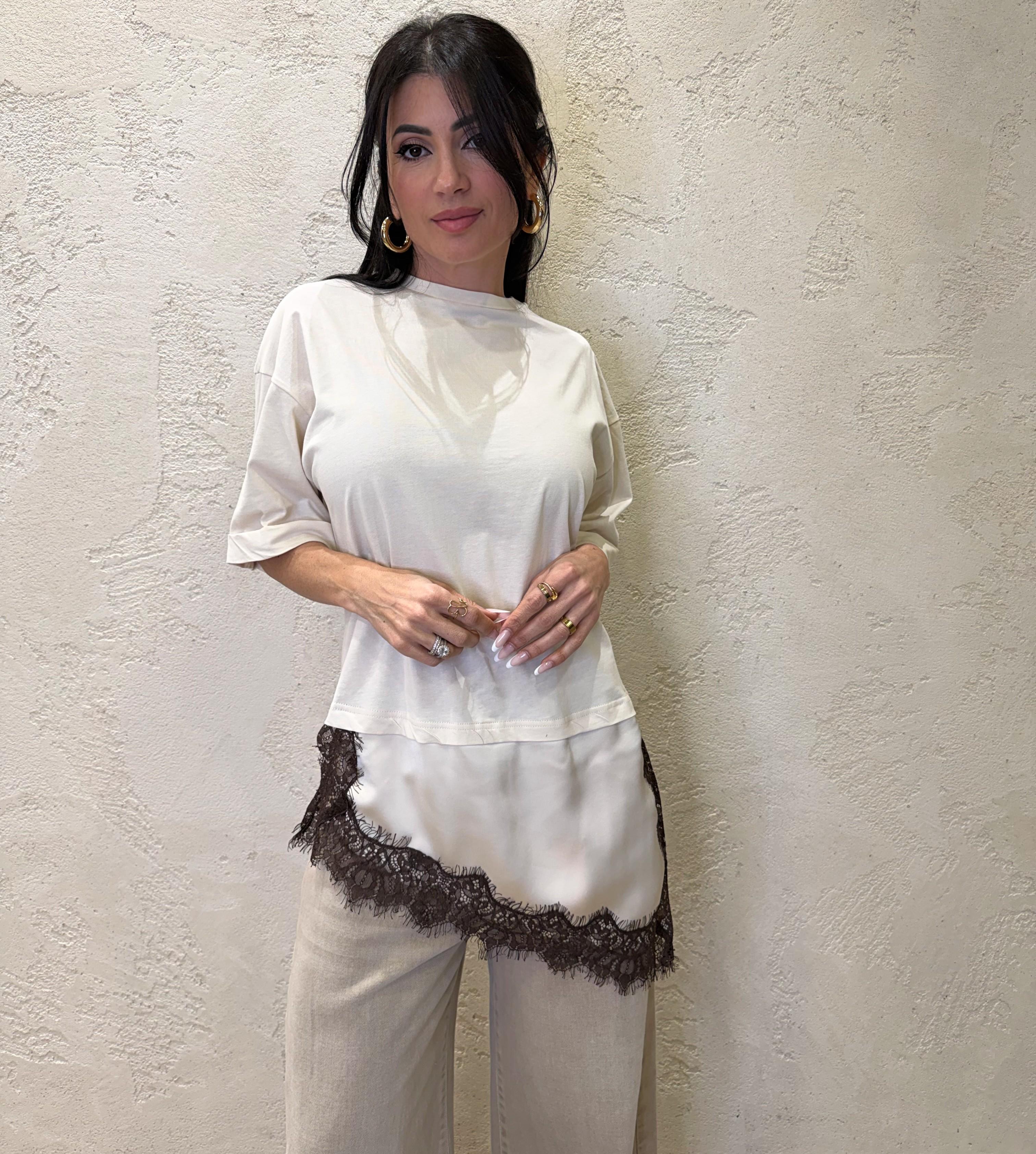 maglia ampia con inserto in satin e pizzo S26M195 BURRO/MORO MOTEL 