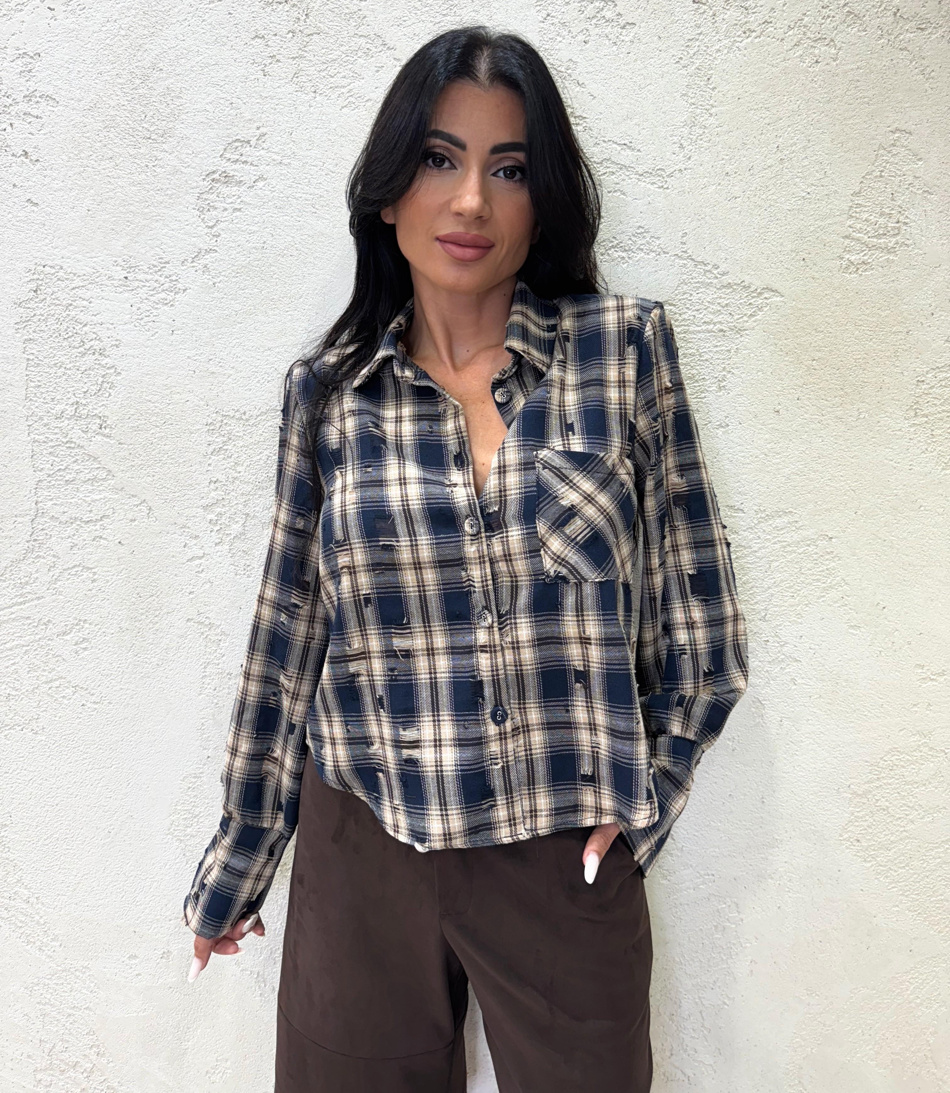 camicia a quadri con strappi Y1138AI14 BEIGE SUSY MIX 