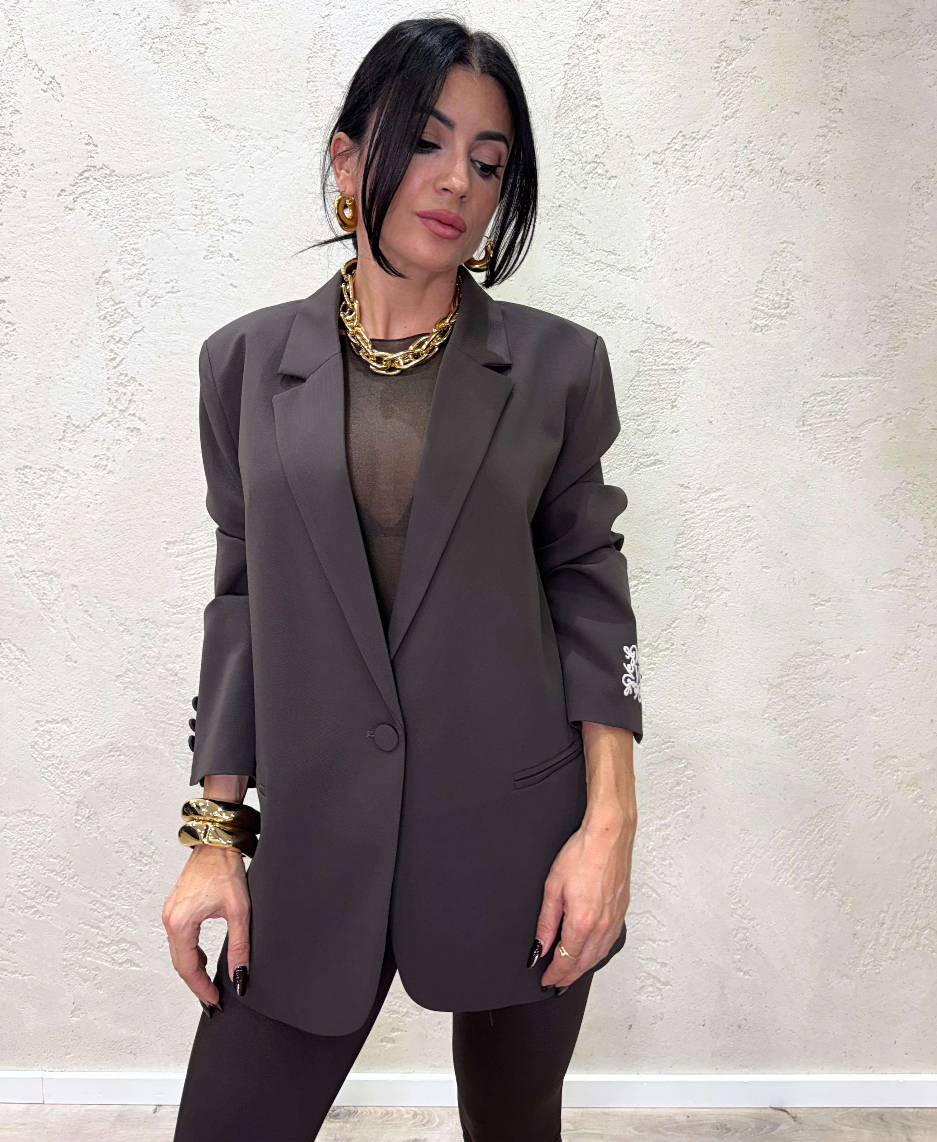 blazer over con ricamo sulla manica RF0235 MORO VICOLO 