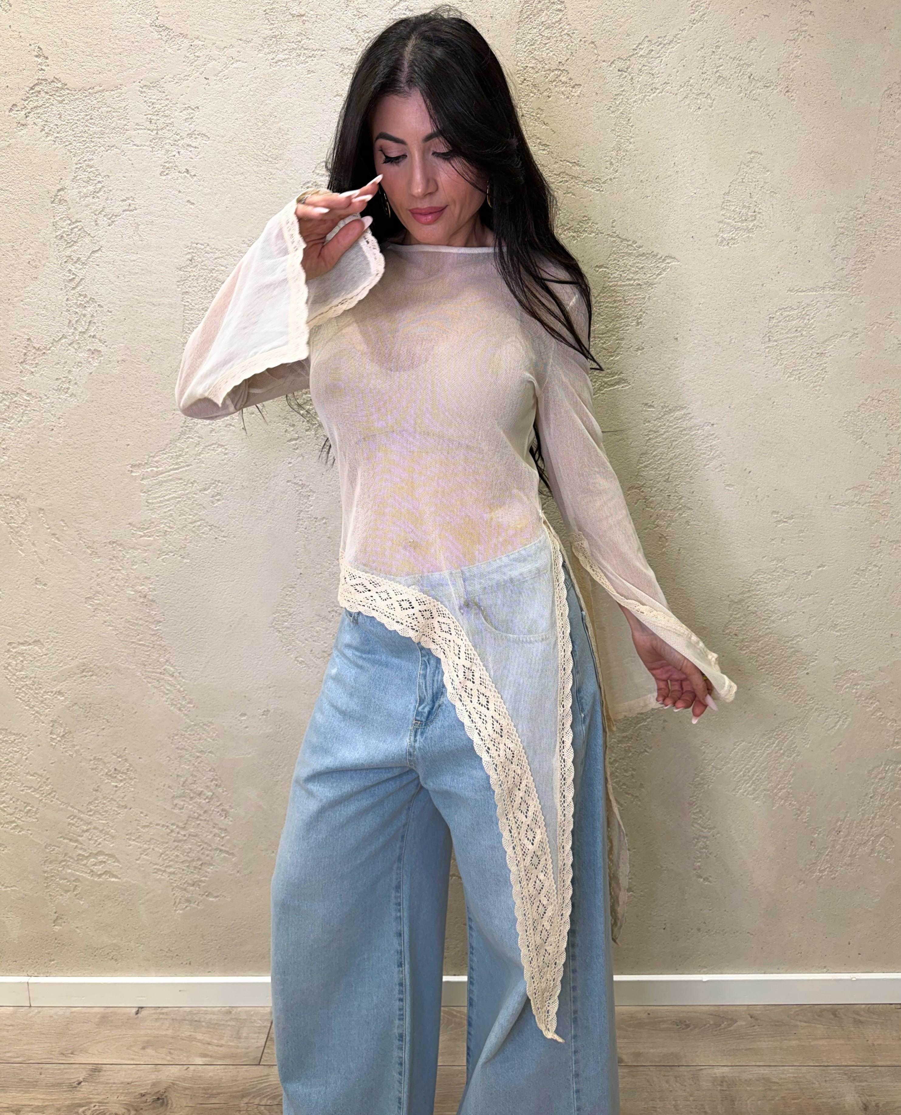 blusa effetto "vedo non vedo" con orlo asimmetrico e inserti in pizzo MVS-Q111 BURRO HAVEONE 