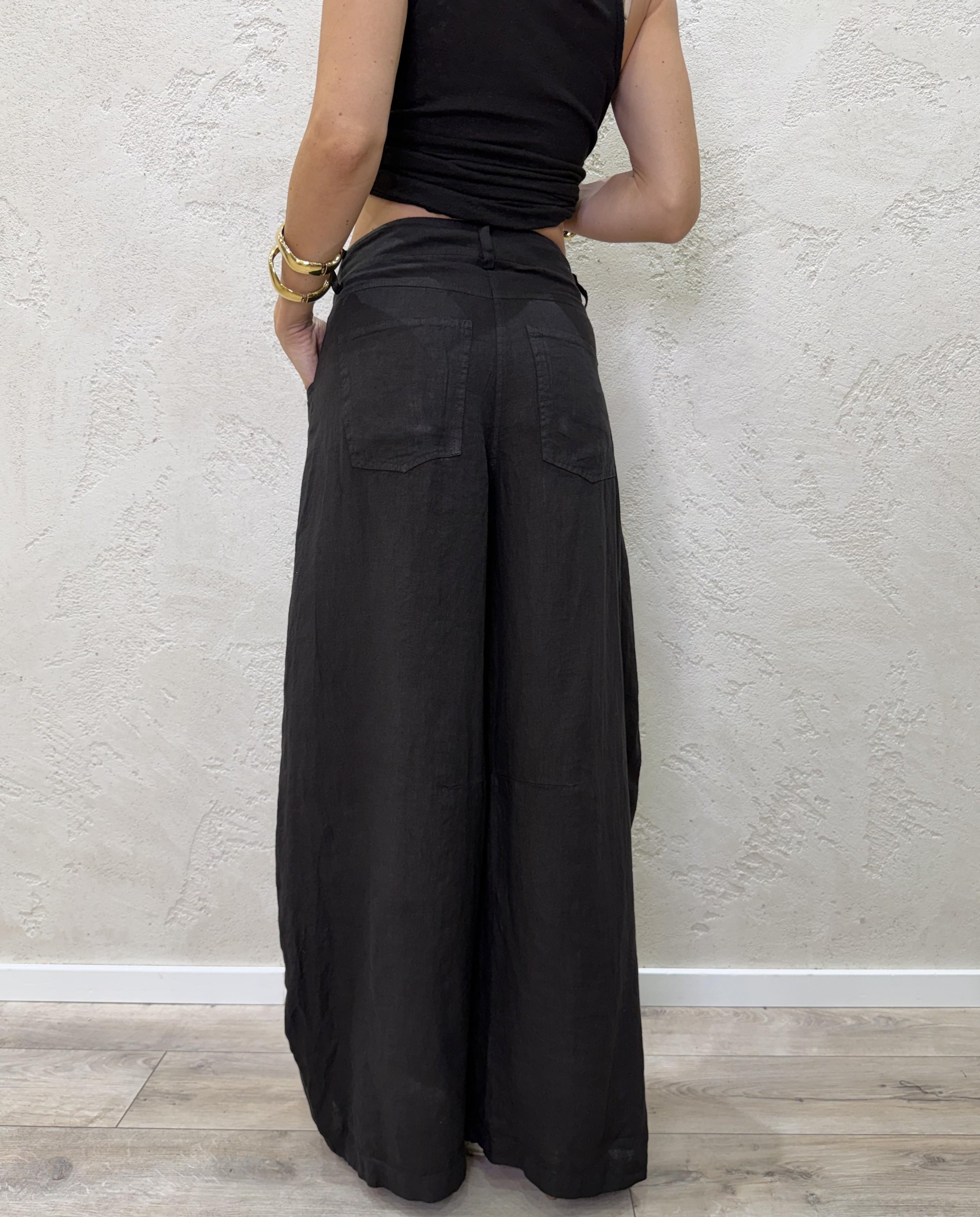pantalone in puro lino modello luvre barrel fit S26PE64 NERO TENSIONE IN 