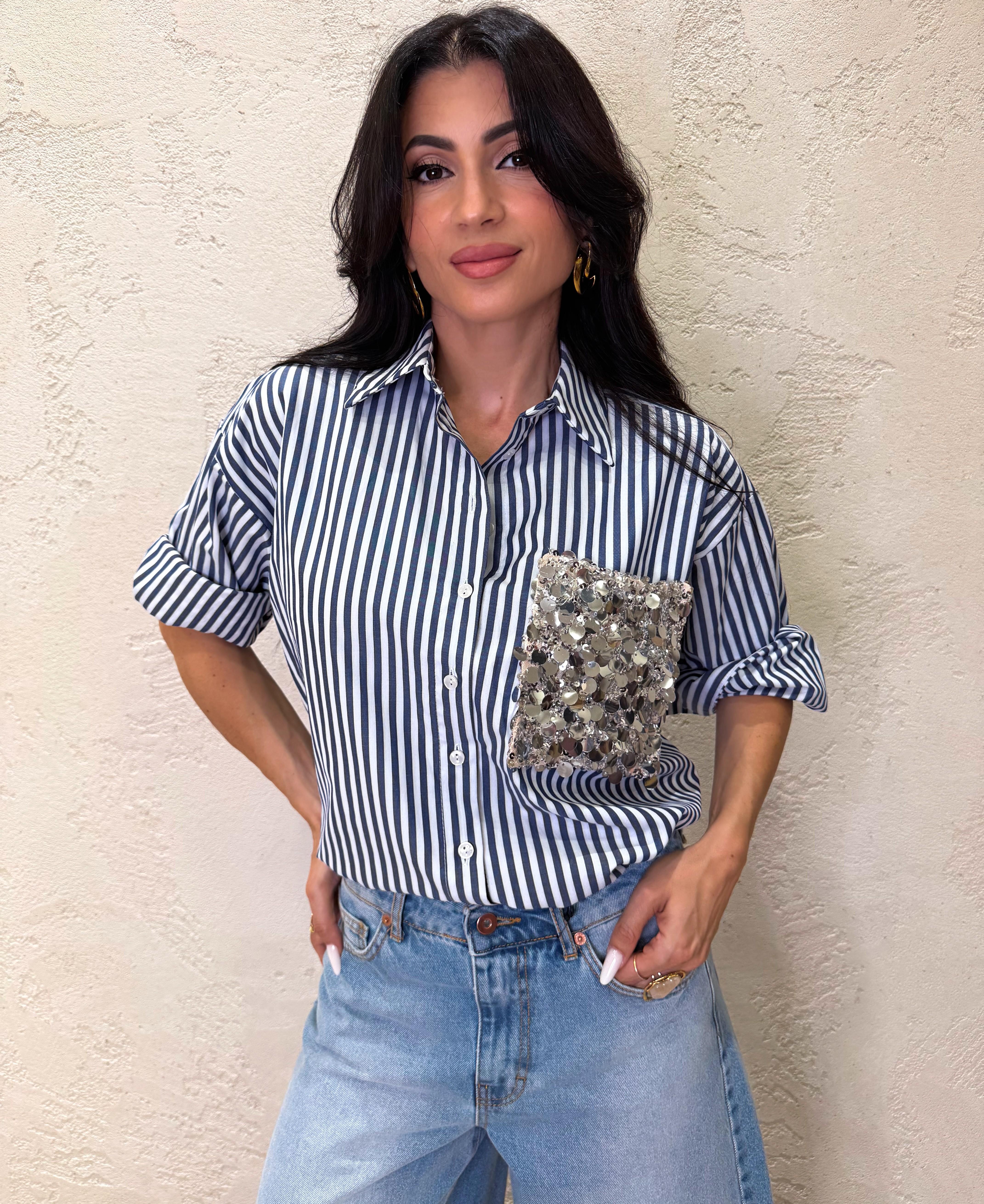 camicia a righe con tasca pailettes S26CE26 BIANCO/BLU MOTEL 