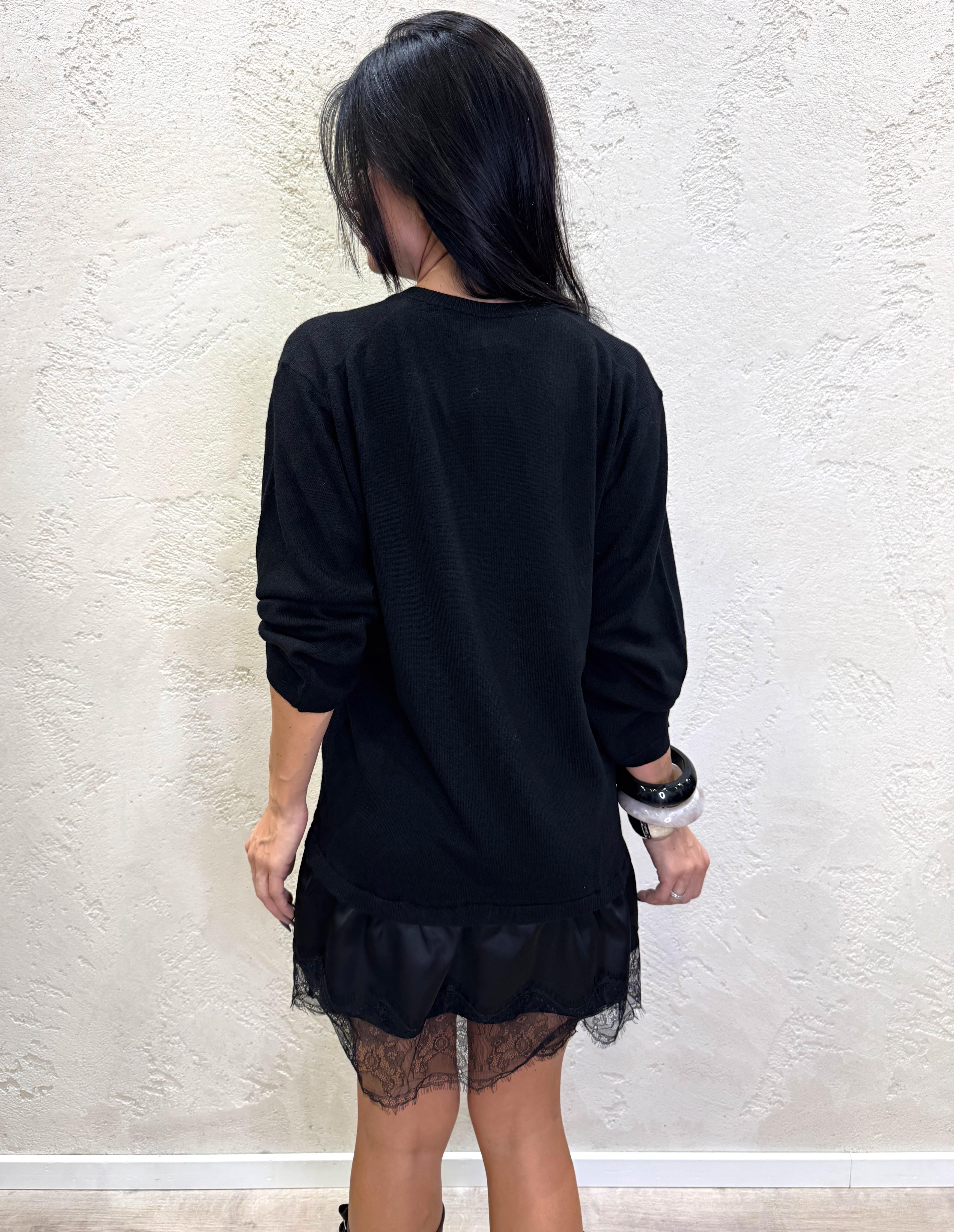 abito in maglia con dettaglio in satin e pizzo 22194F NERO VICOLO 