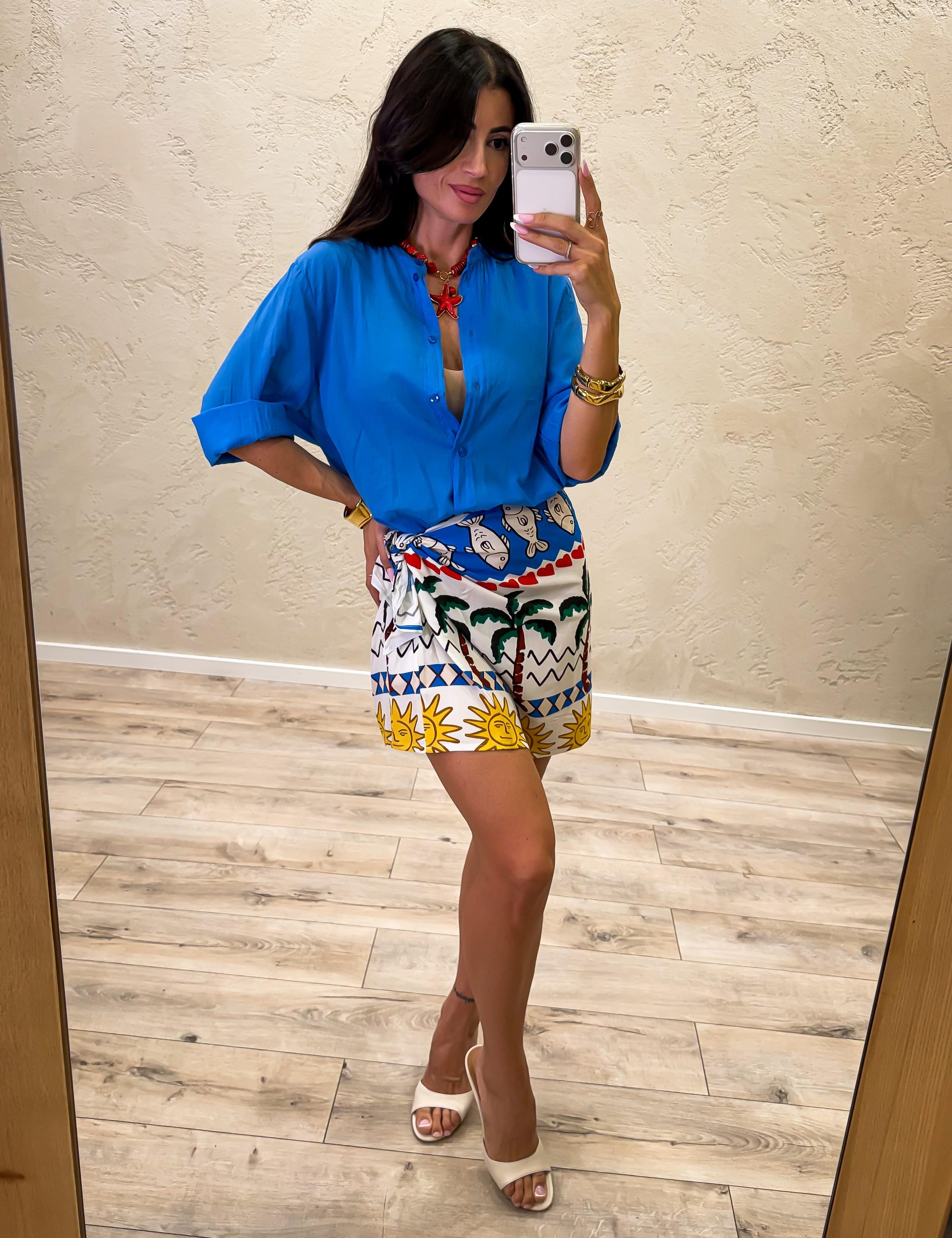 camicia in mussola con collo alla coreana PE260330 BLU ELETTRICO TENSIONE IN 