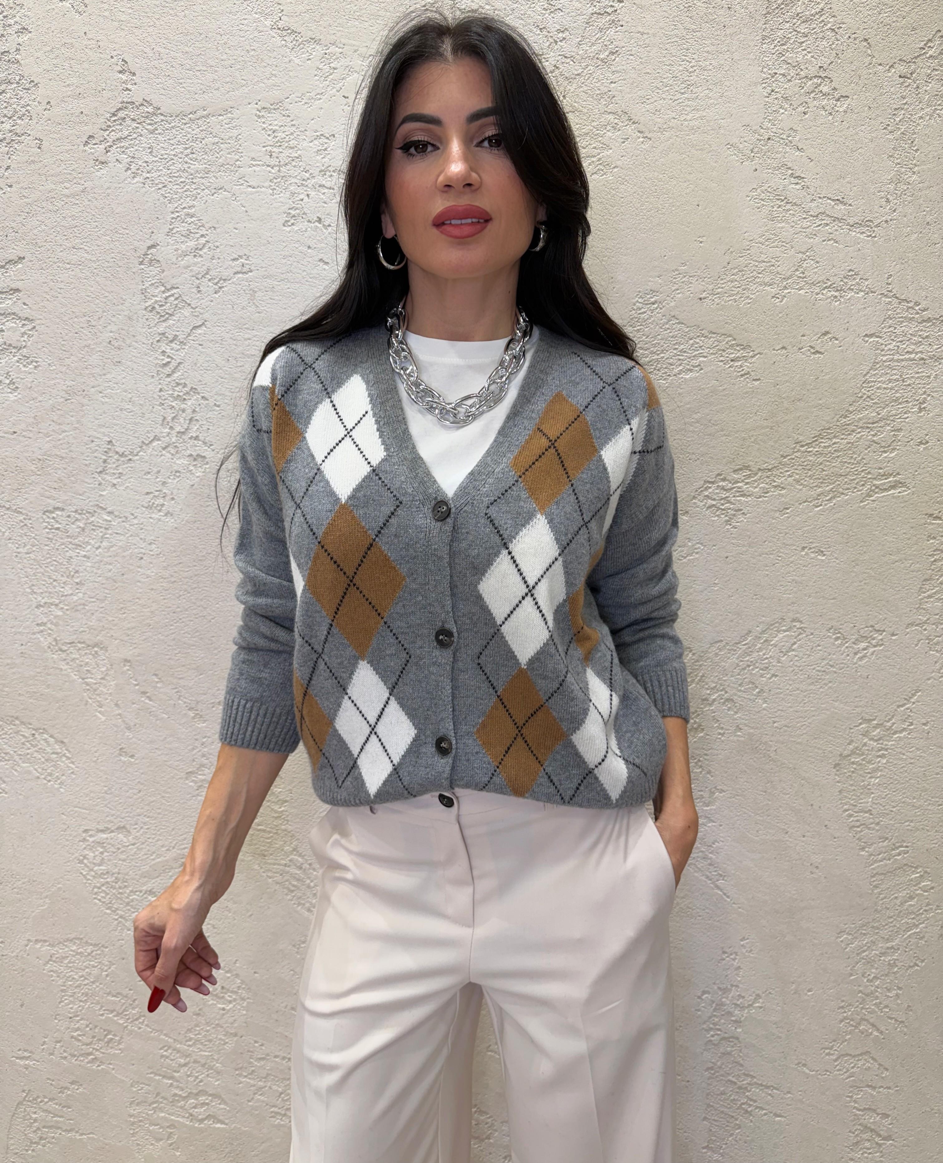 cardigan misto lana e chasmere fantasia rombi D82038 GRIGIO TENSIONE IN 