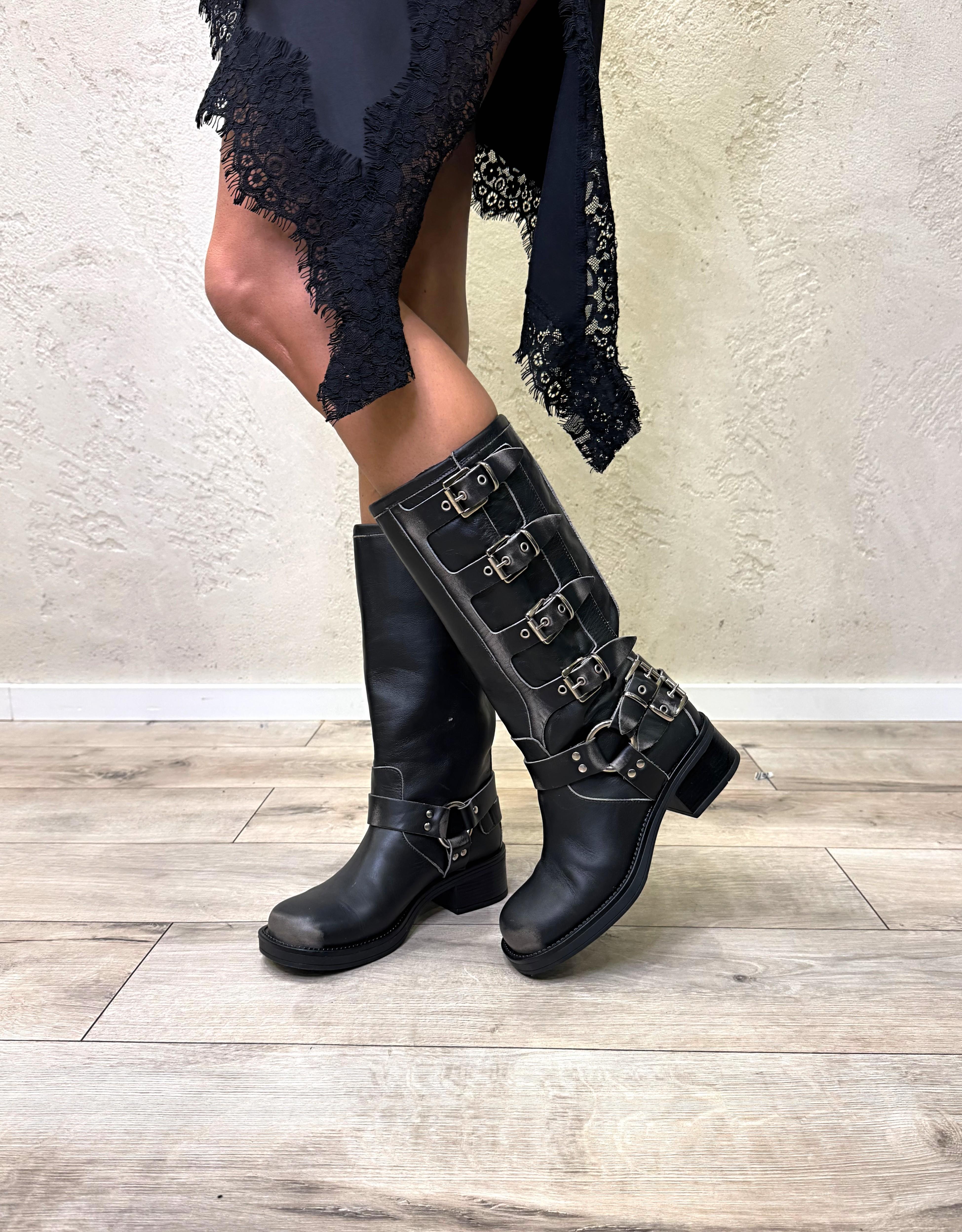 biker in pelle con fibbie AT4200 NERO FUMO OVYE' 