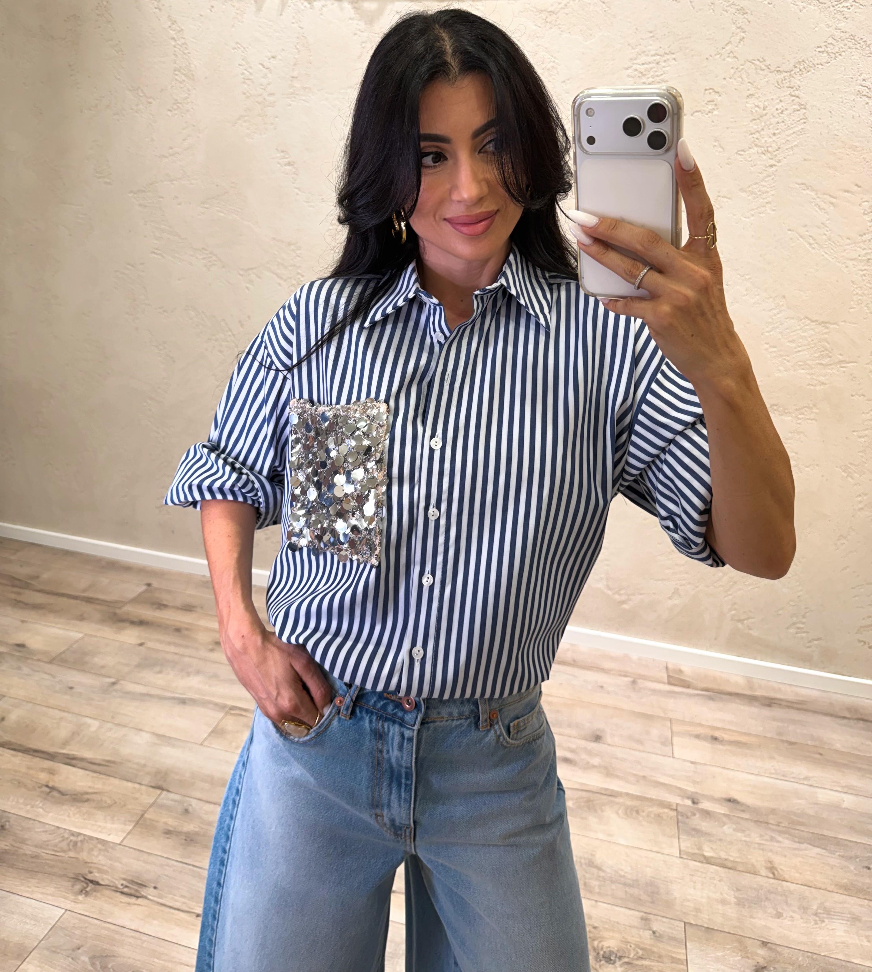 camicia a righe con tasca pailettes S26CE26 BIANCO/BLU MOTEL 