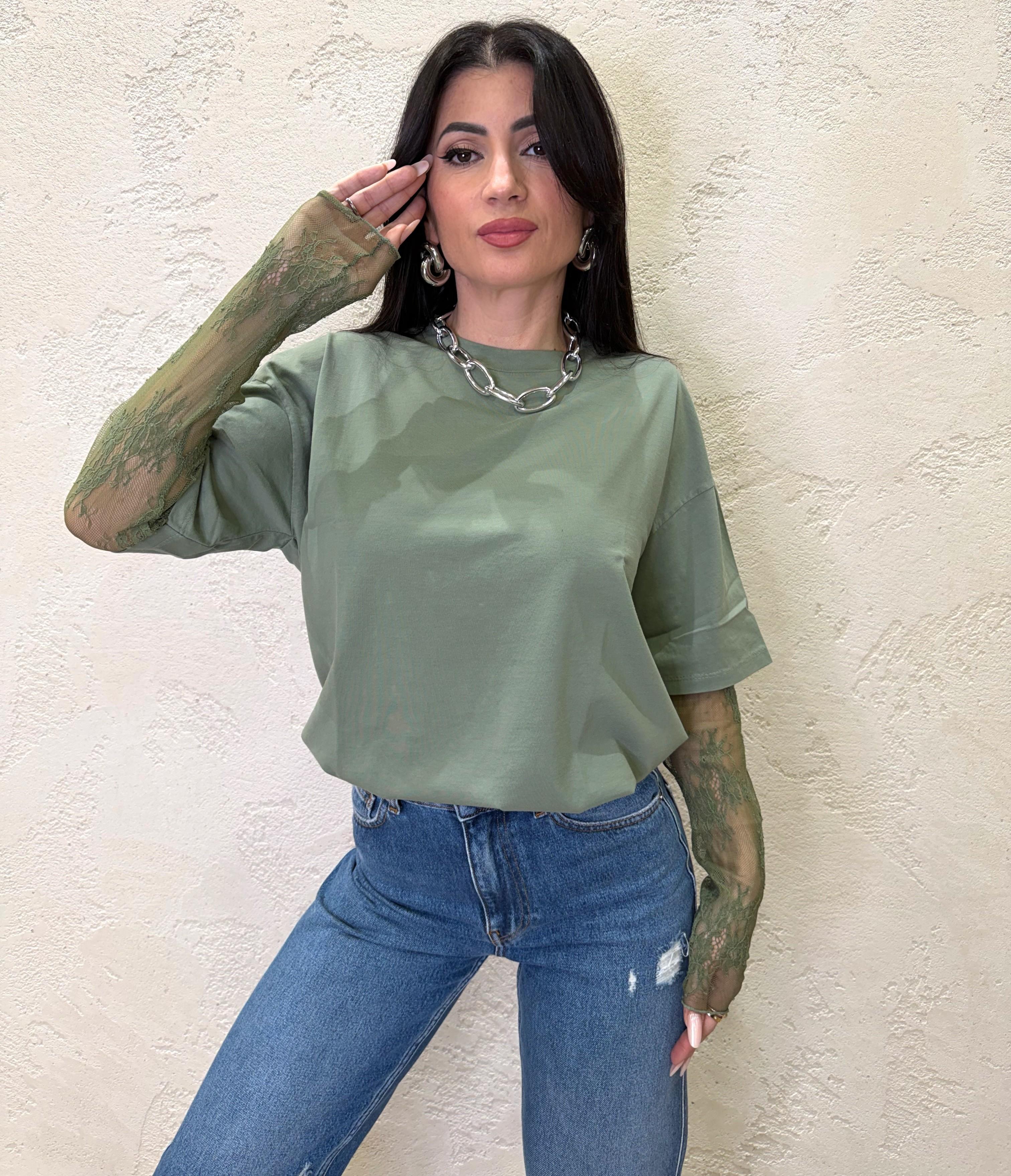 t-shirt con maniche in pizzo 11073 VERDE SALVIA SUSY MIX 