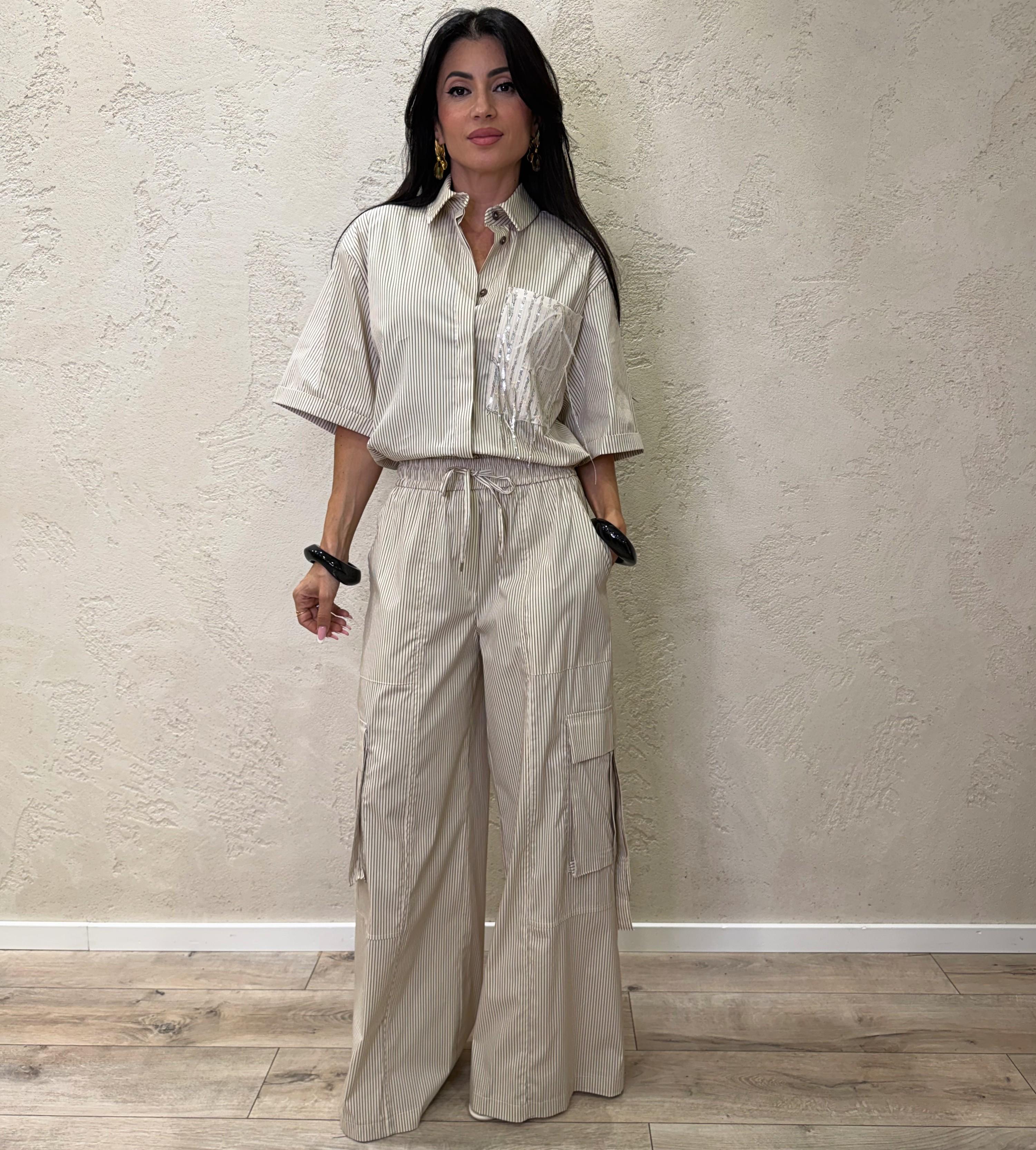 pantalone cargo modello a palazzo fantasia a righe 26P5097 BEIGE TENSIONE IN 