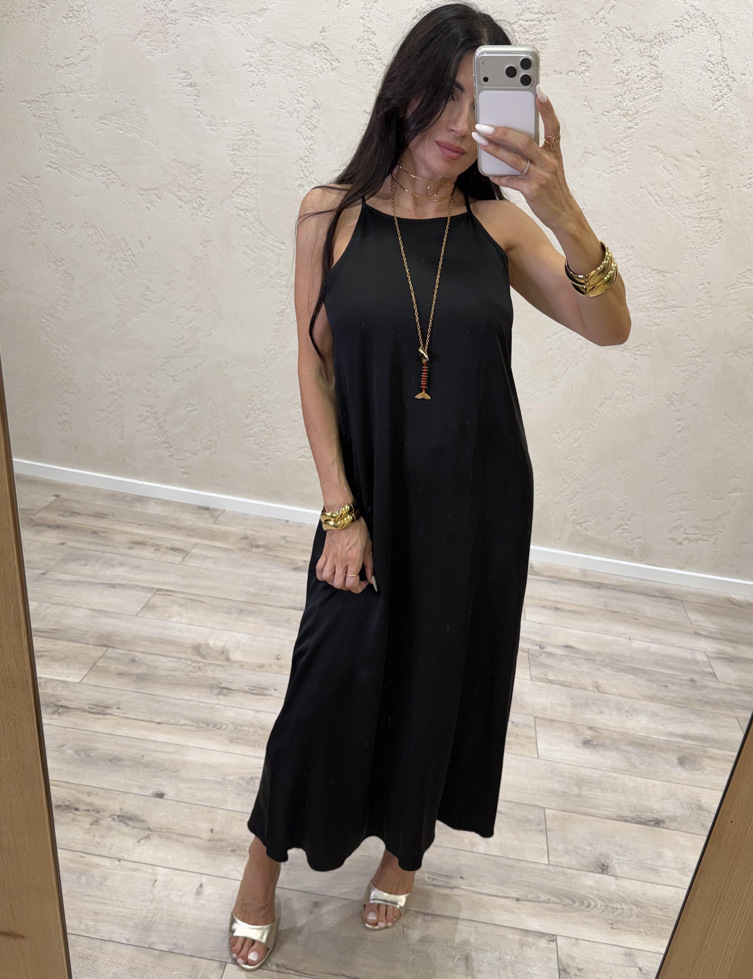 abito svasato in satin scollo all'americana TAB2585 NERO VICOLO 