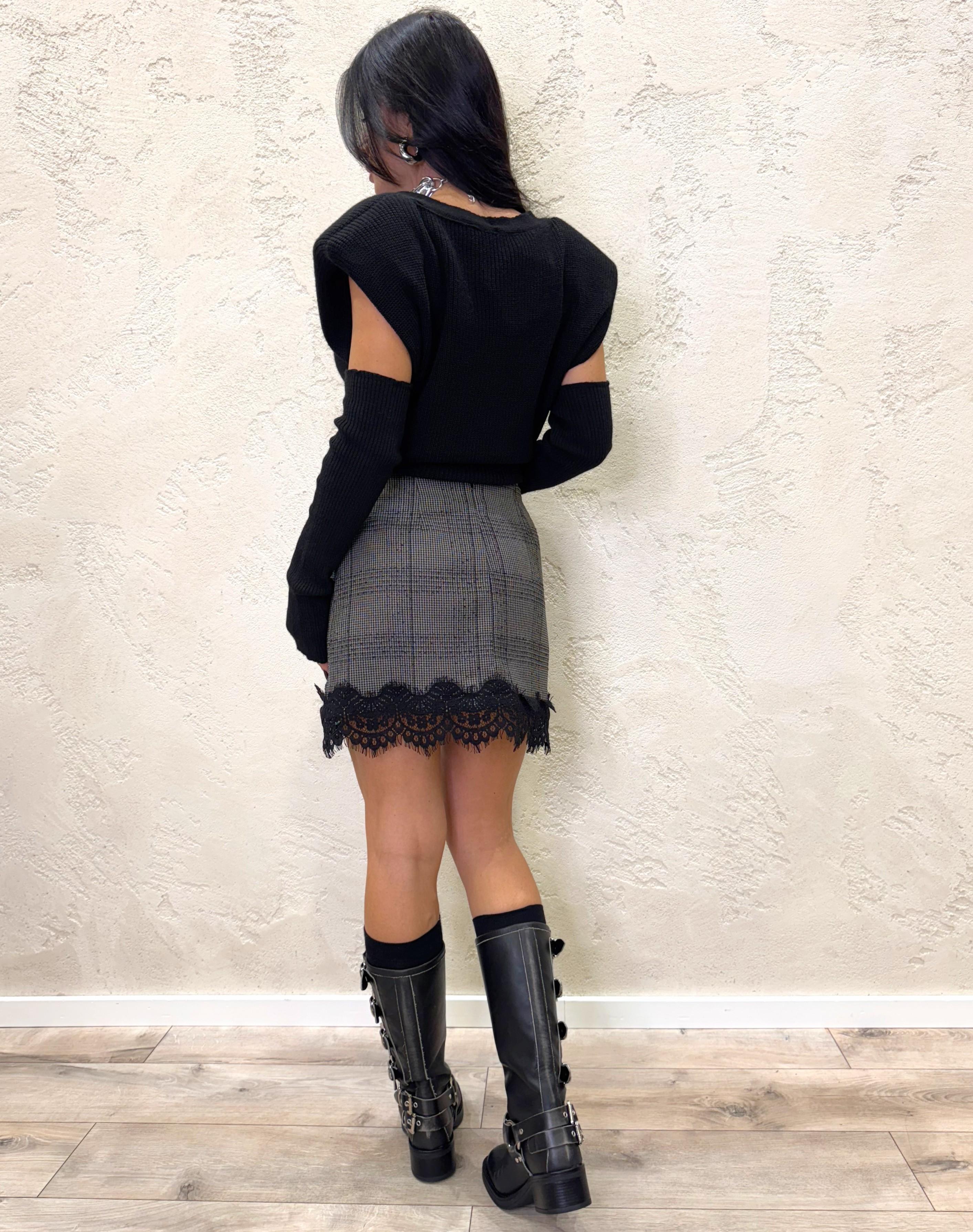 gonna mini in pied de poule con inserti in pizzo W25G600 GRIGIO MOTEL 