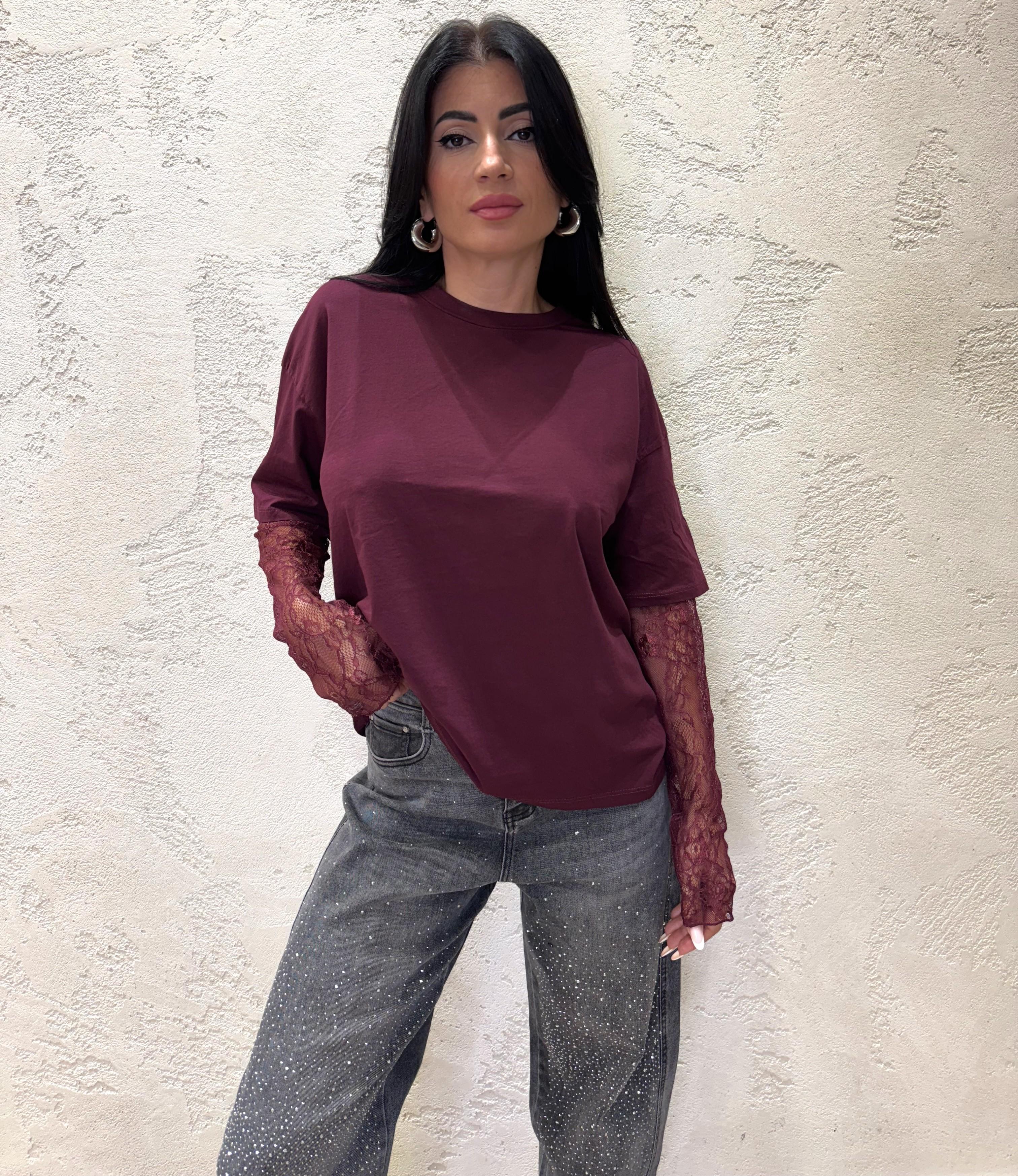 t-shirt con maniche in pizzo 11073 VINO SUSY MIX 
