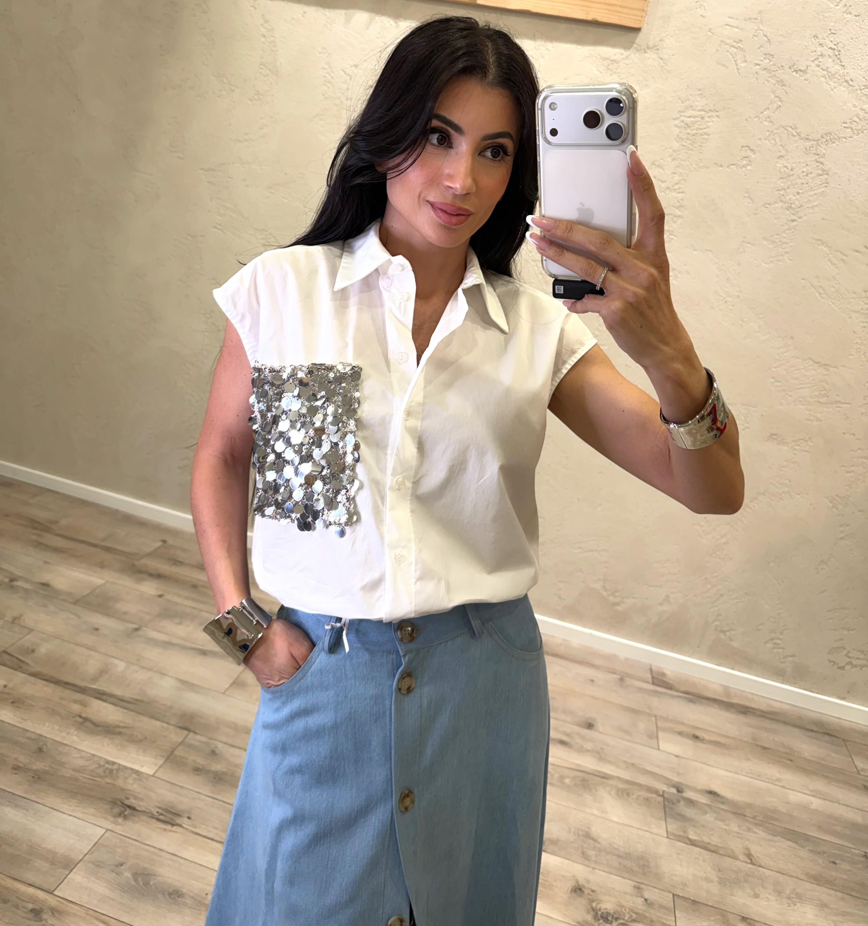 camicia smanicata con tasca pailettes S26CE22 BIANCO TENSIONE IN 