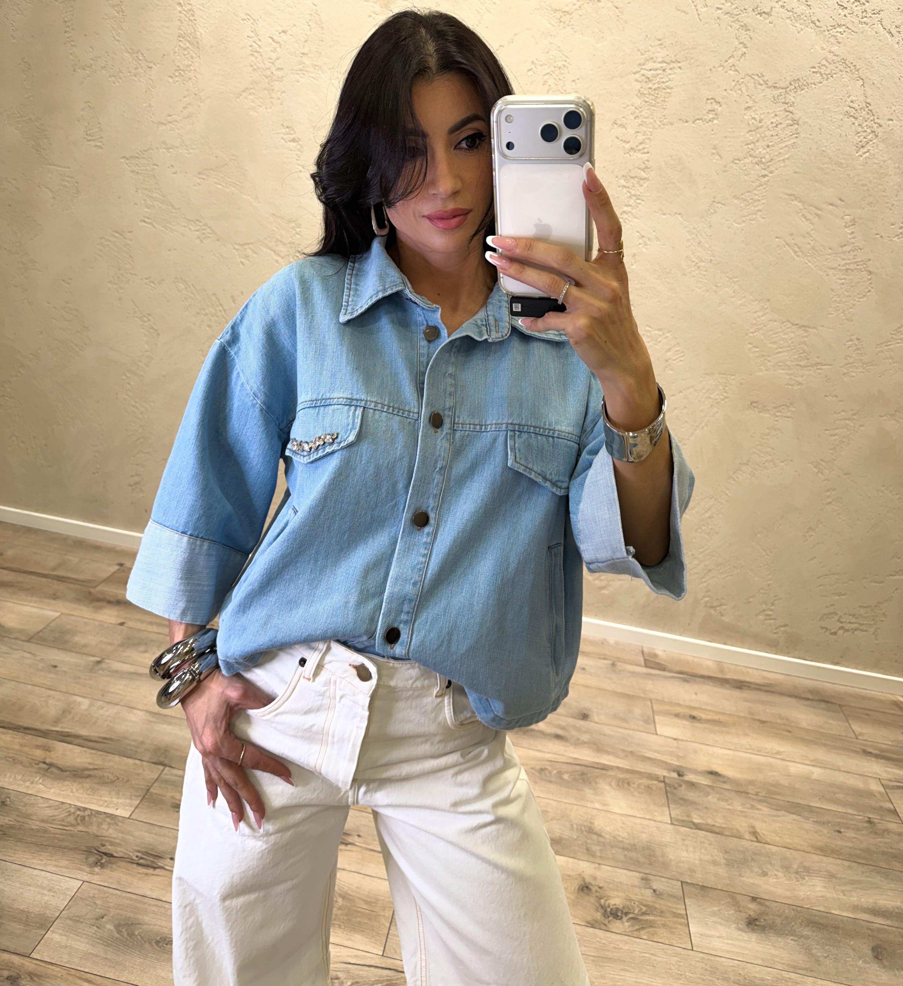 giacchino in denim modello a scatoletta con dettaglio gioiello 60084GBC JEANS SUSY MIX 