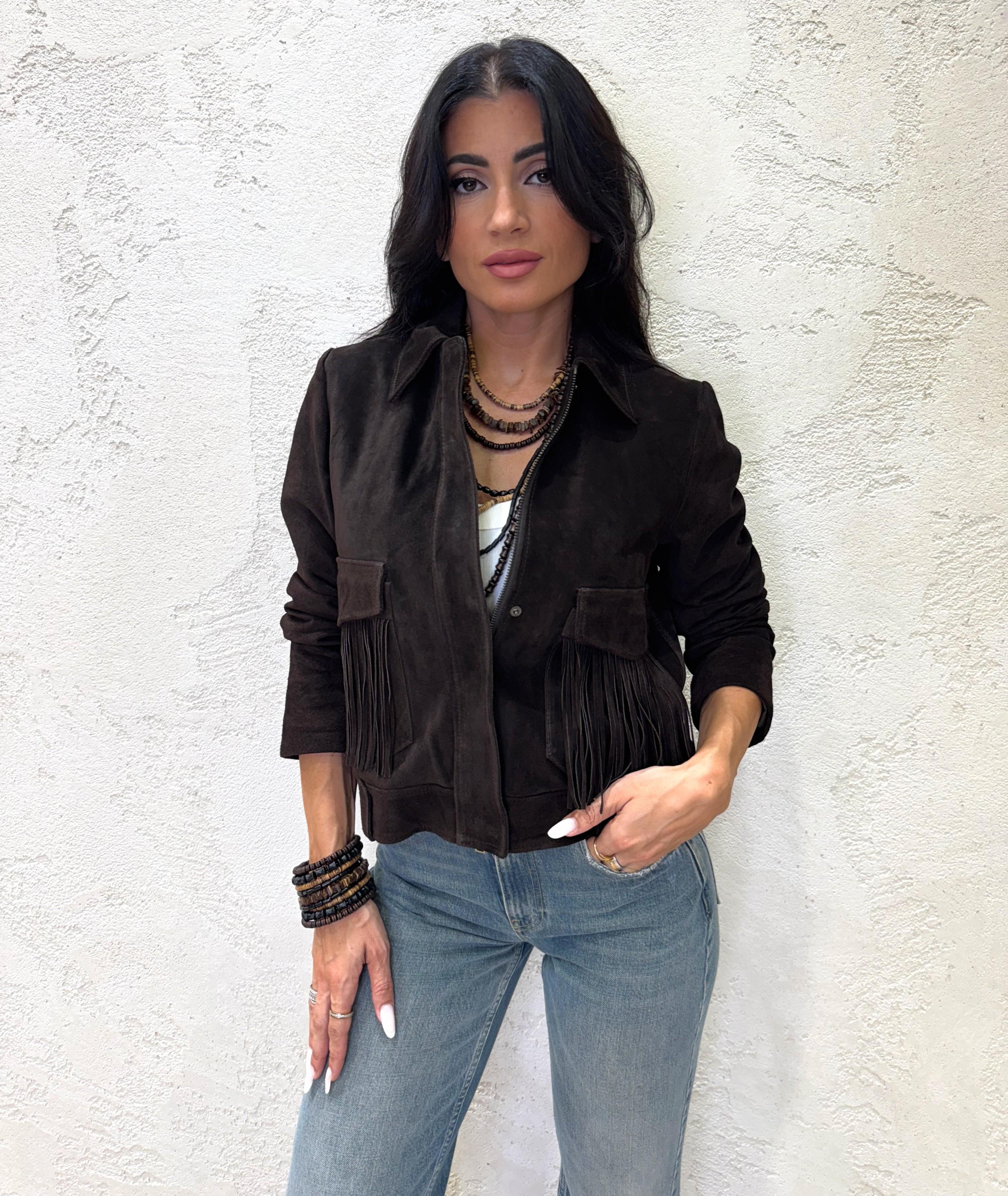 giubbino in vera pelle scamosciata con frange TF0328 MORO VICOLO 